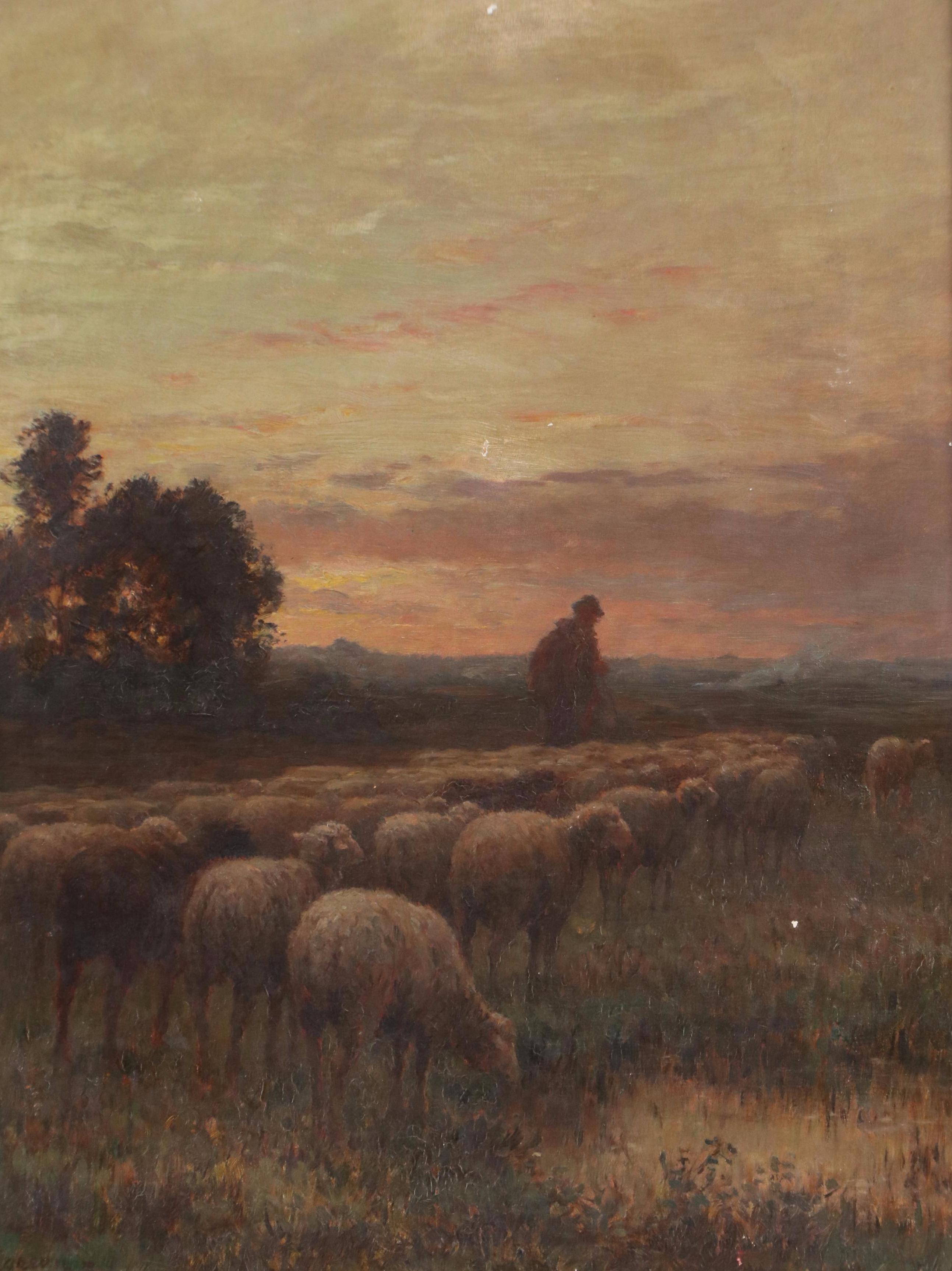Pastoral Oil Painting of Shepherd and Sheep at Sunrise, 19th Century