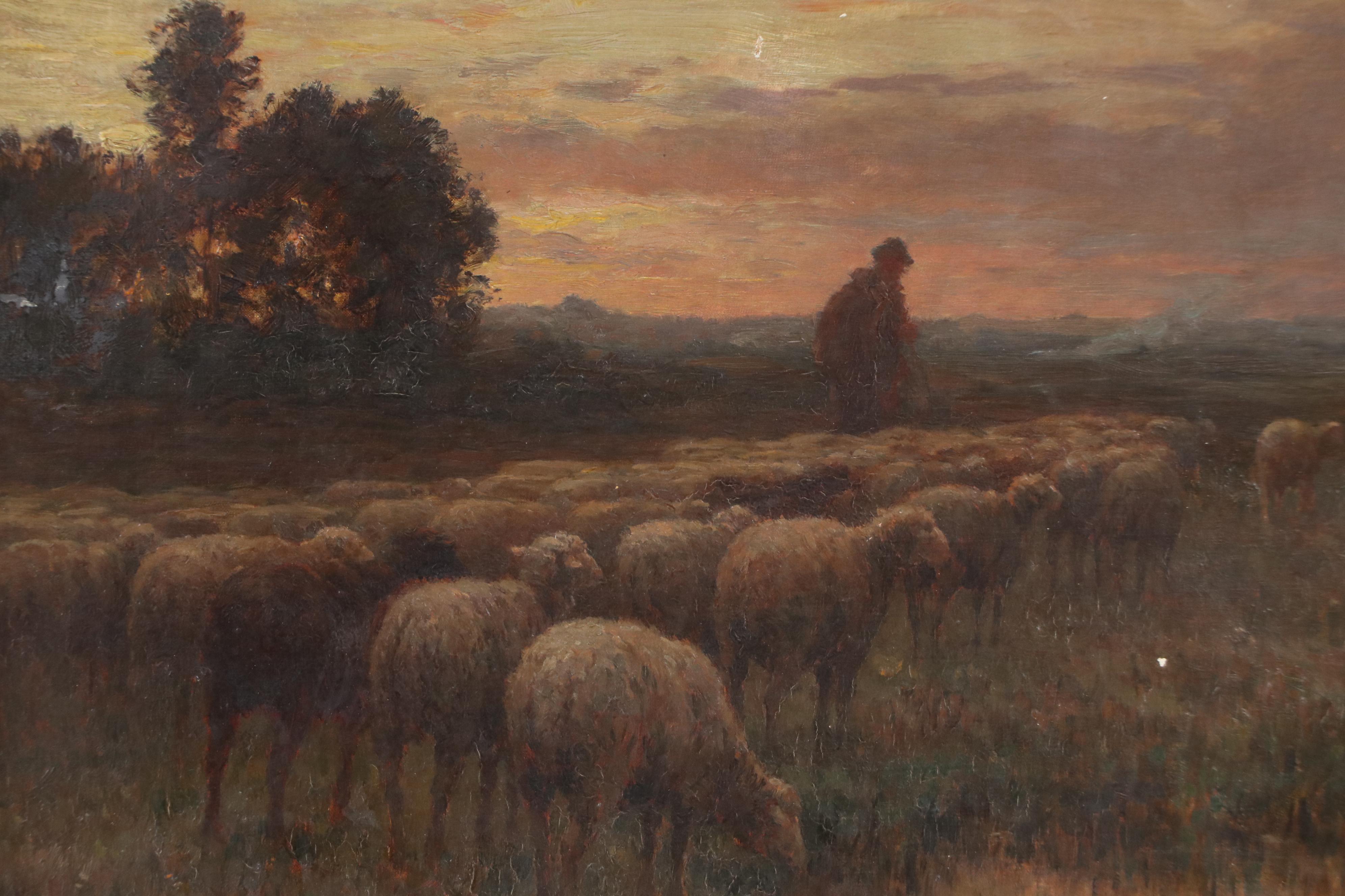 Pastoral Oil Painting of Shepherd and Sheep at Sunrise, 19th Century