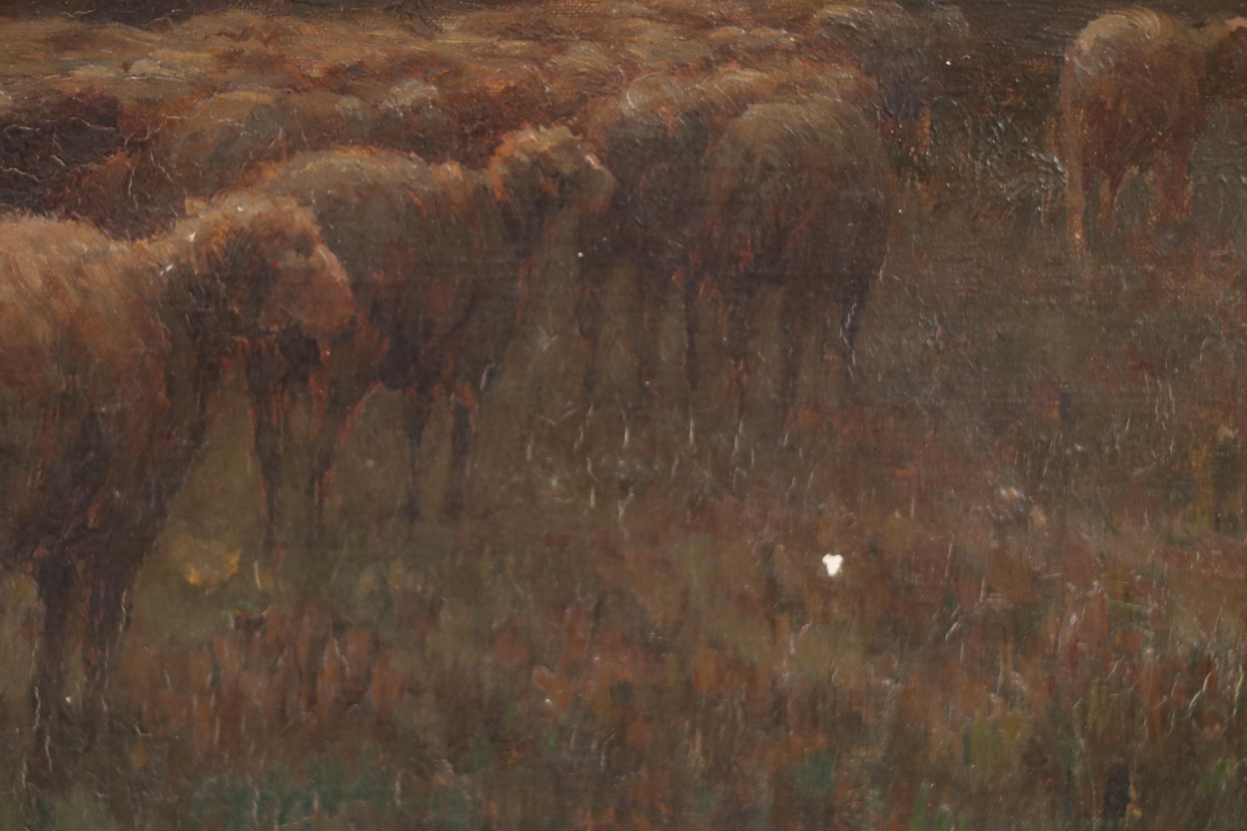 Pastoral Oil Painting of Shepherd and Sheep at Sunrise, 19th Century