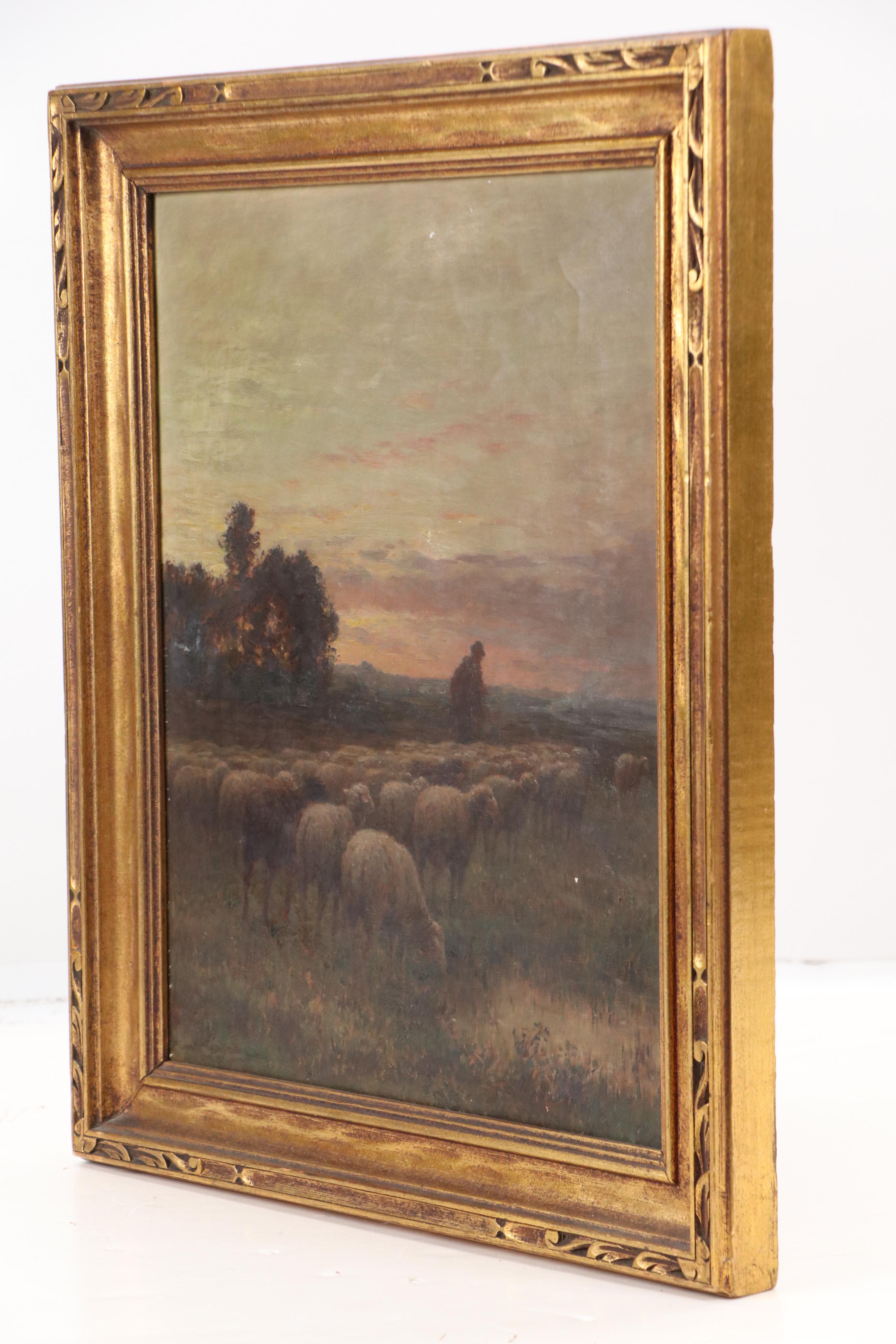 Pastoral Oil Painting of Shepherd and Sheep at Sunrise, 19th Century