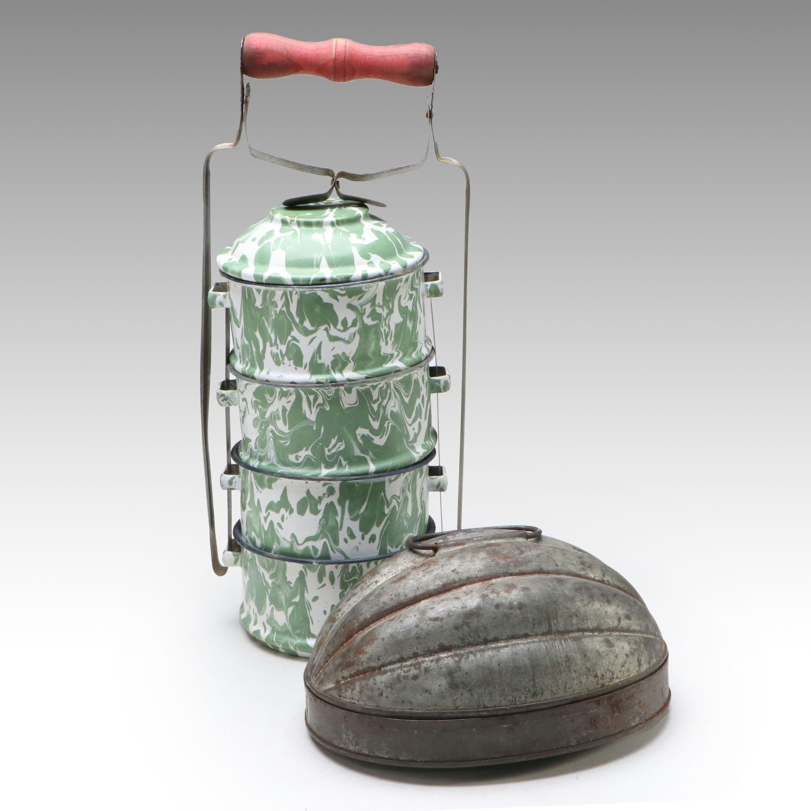 Green White Swirl Enamelware Graniteware Tiffin with Melon Shaped Mold