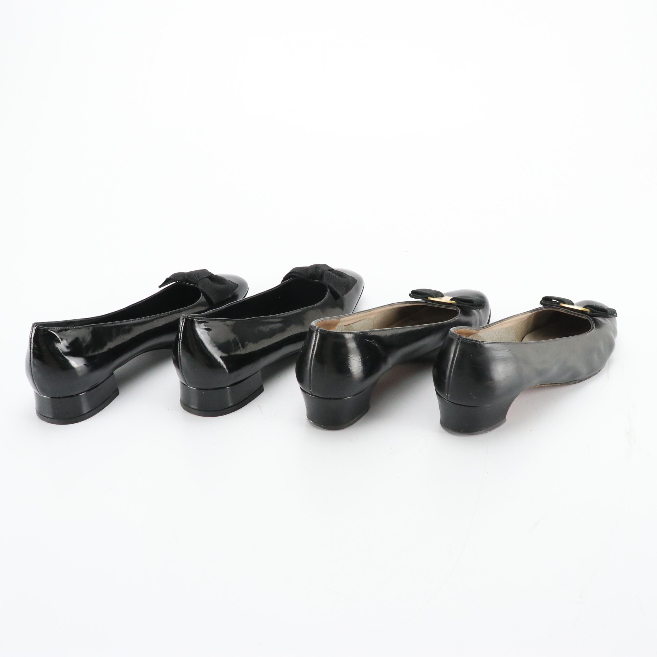 Salvatore Ferragamo Vintage Shiny Black Leather Bow Detailed Low-Heeled Shoes
