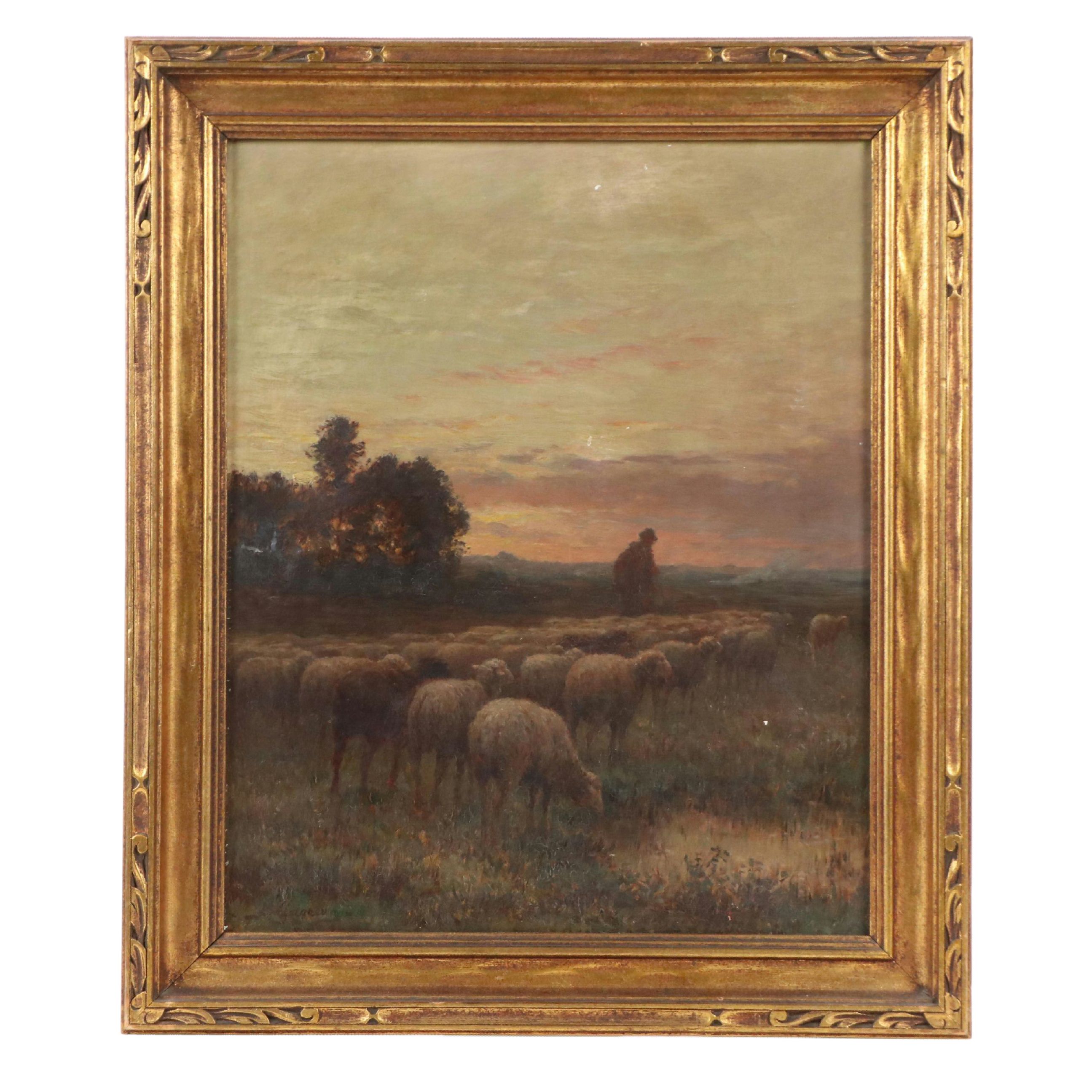 Pastoral Oil Painting of Shepherd and Sheep at Sunrise, 19th Century