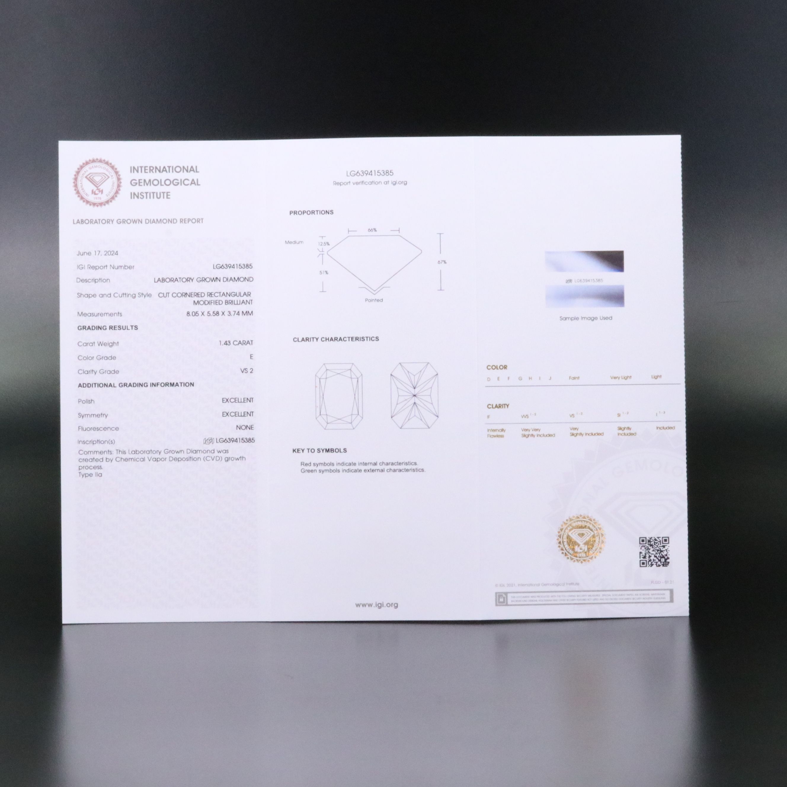 Loose 1.43 CT Lab Grown Diamond with IGI Report