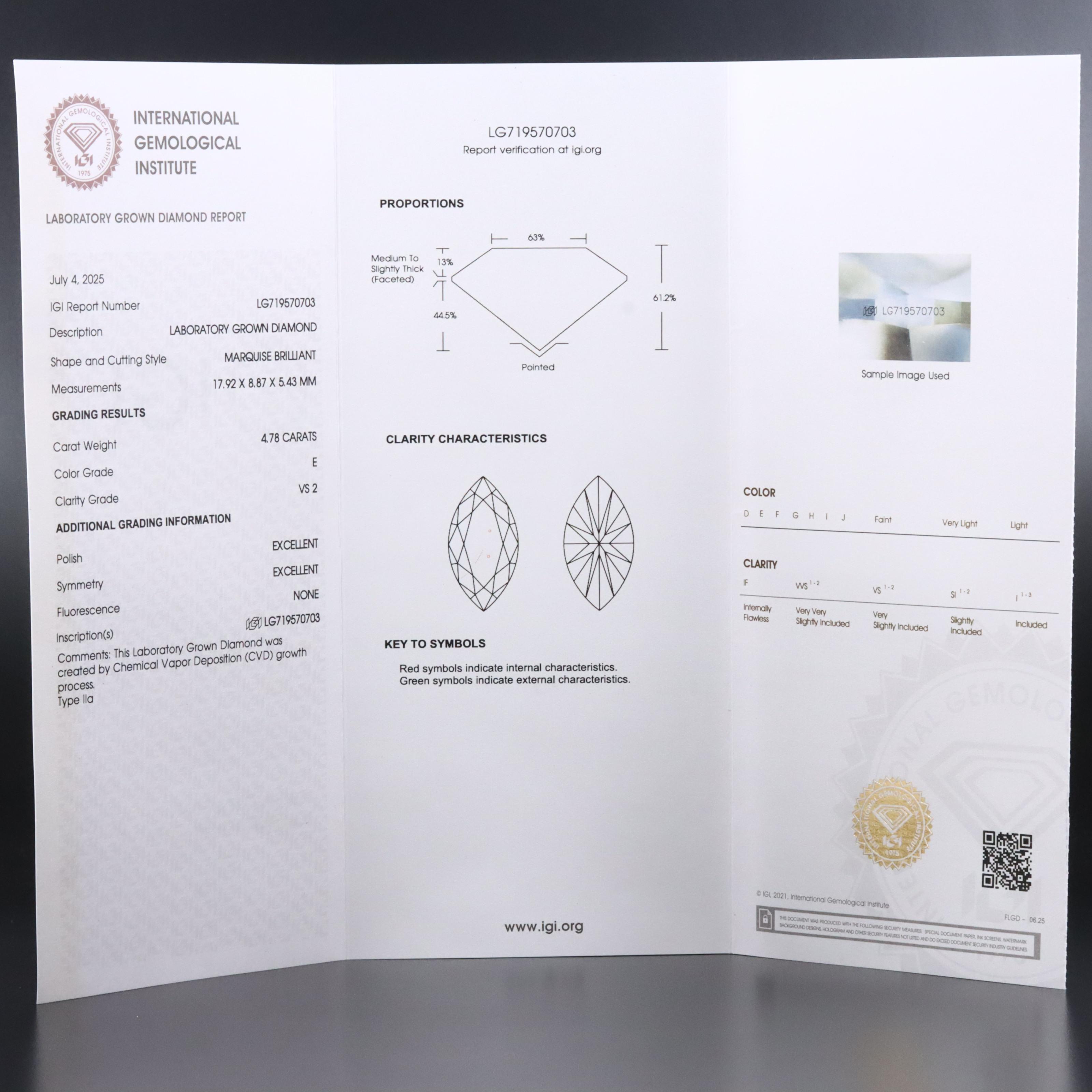 Loose 4.78 CT Lab Grown Diamond with IGI Report
