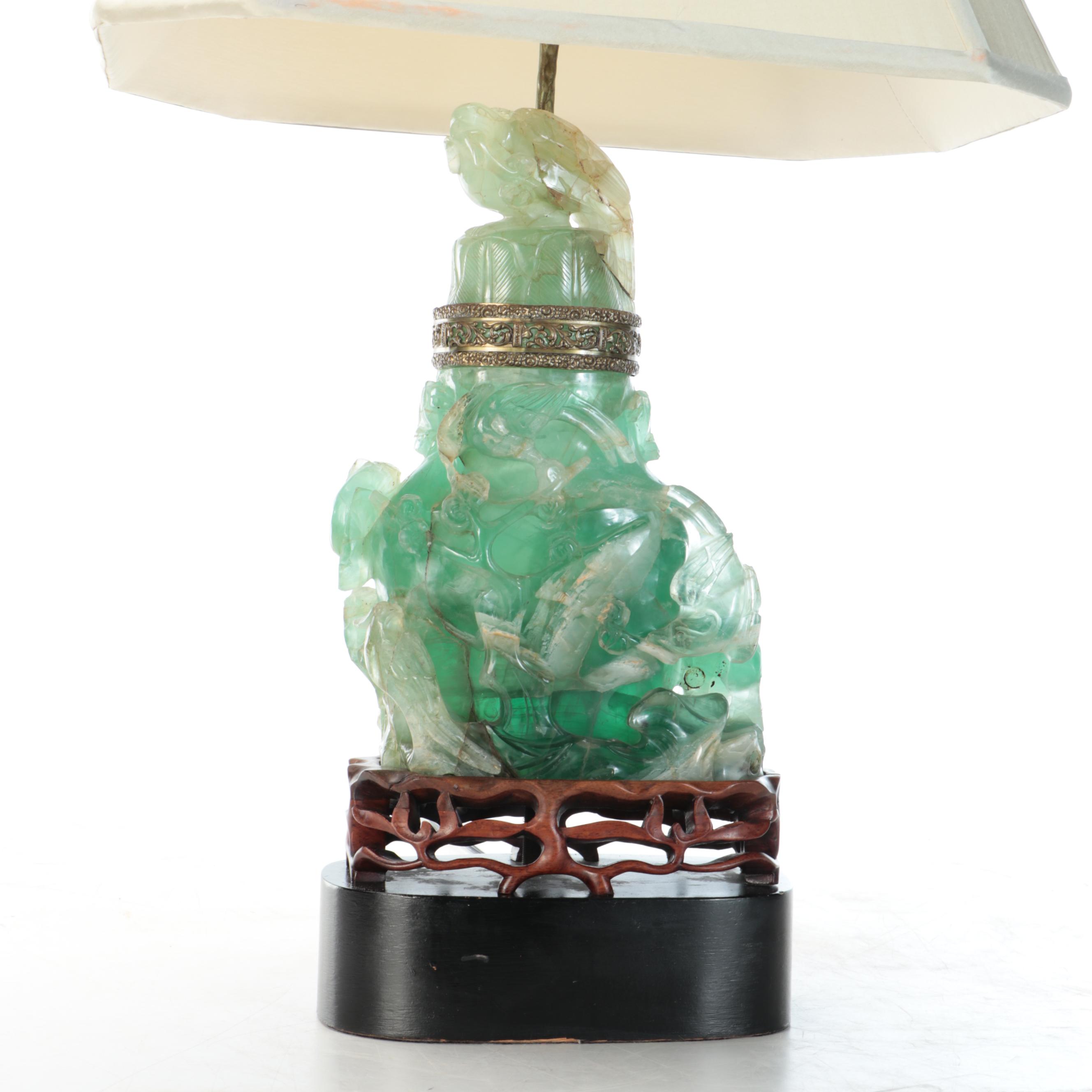 Chinese Hand-Carved Fluorite Censer Table Lamp with Silk Shade