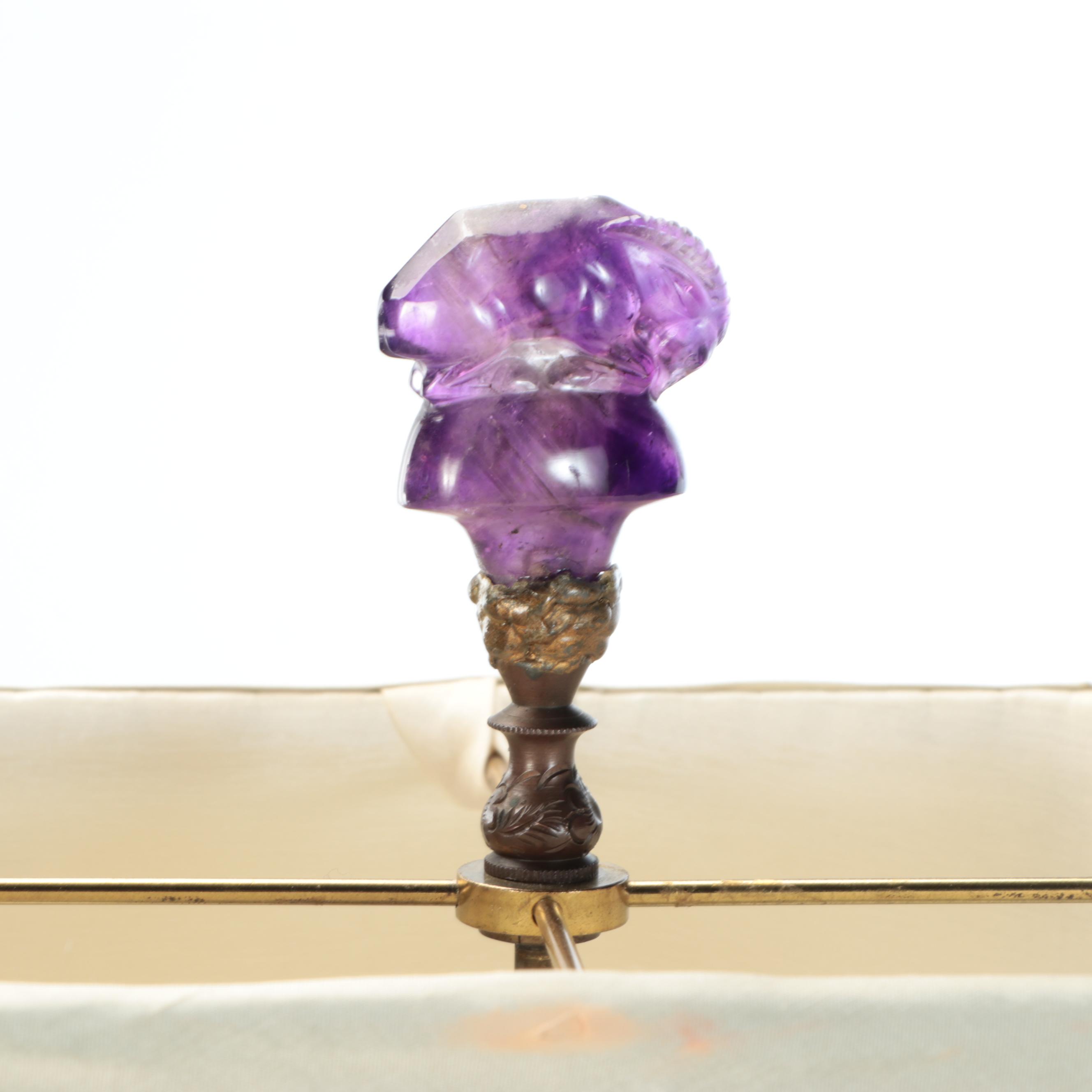 Chinese Hand-Carved Fluorite Censer Table Lamp with Silk Shade