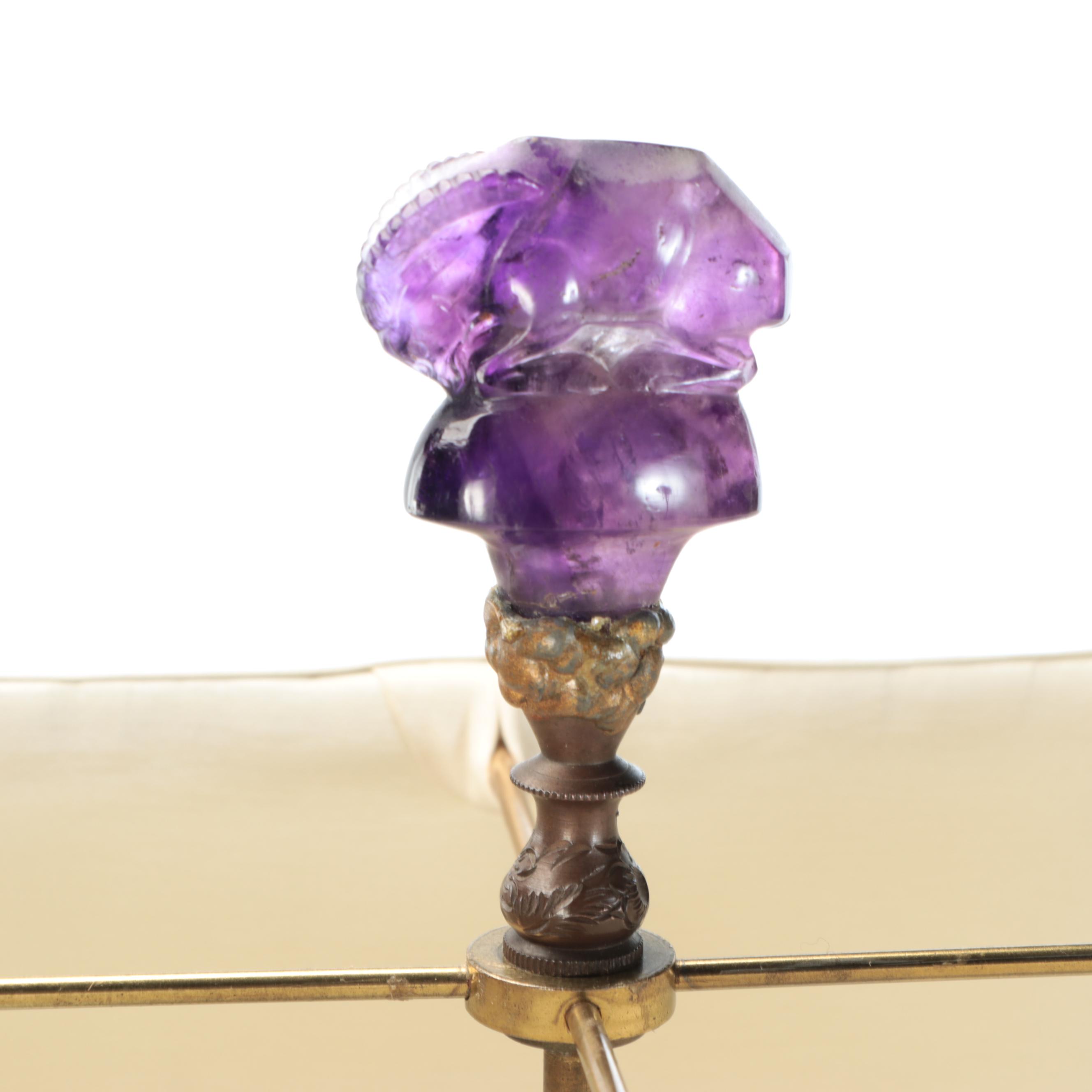Chinese Hand-Carved Fluorite Censer Table Lamp with Silk Shade