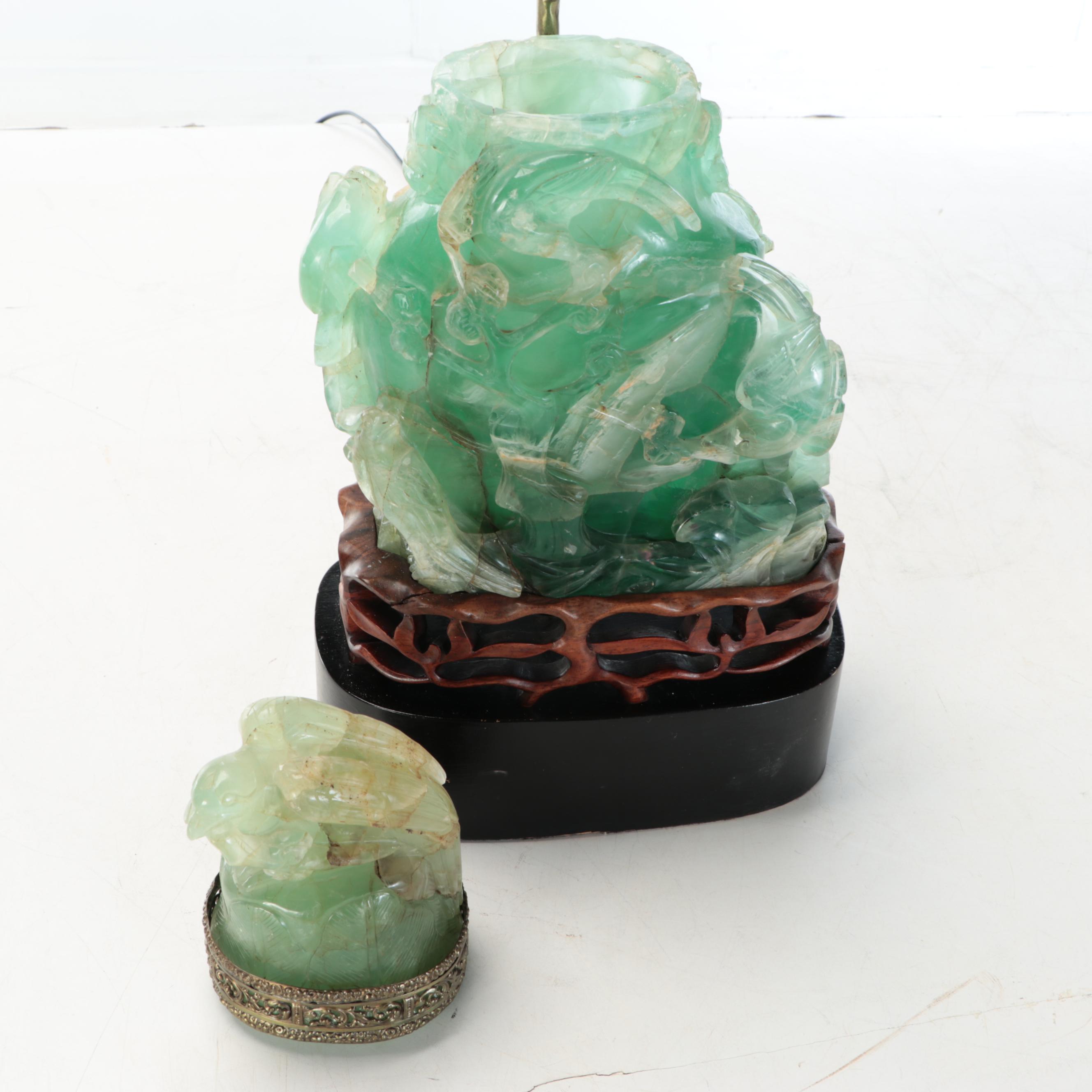 Chinese Hand-Carved Fluorite Censer Table Lamp with Silk Shade