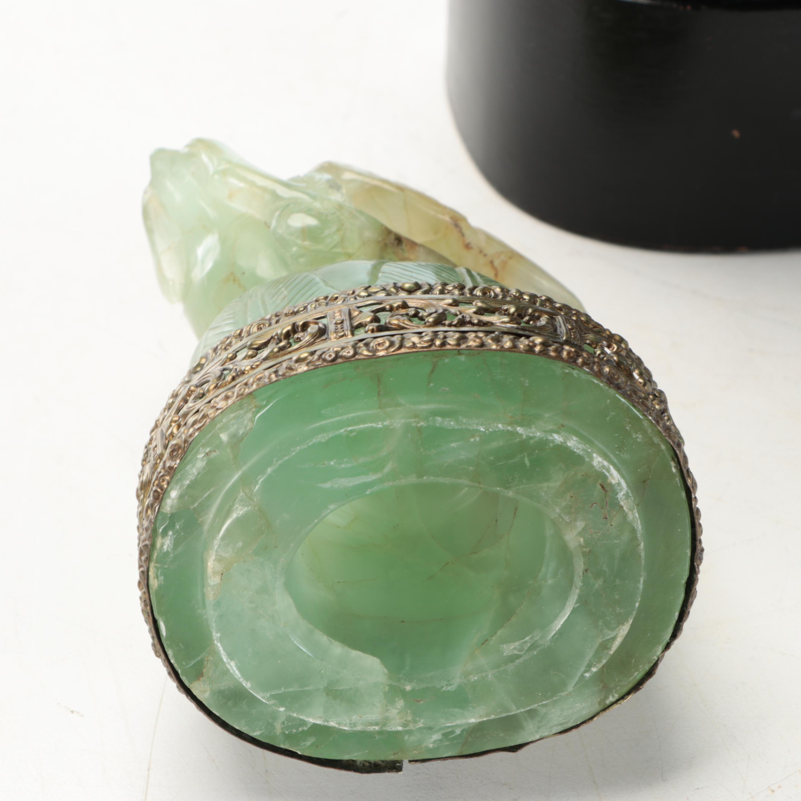 Chinese Hand-Carved Fluorite Censer Table Lamp with Silk Shade