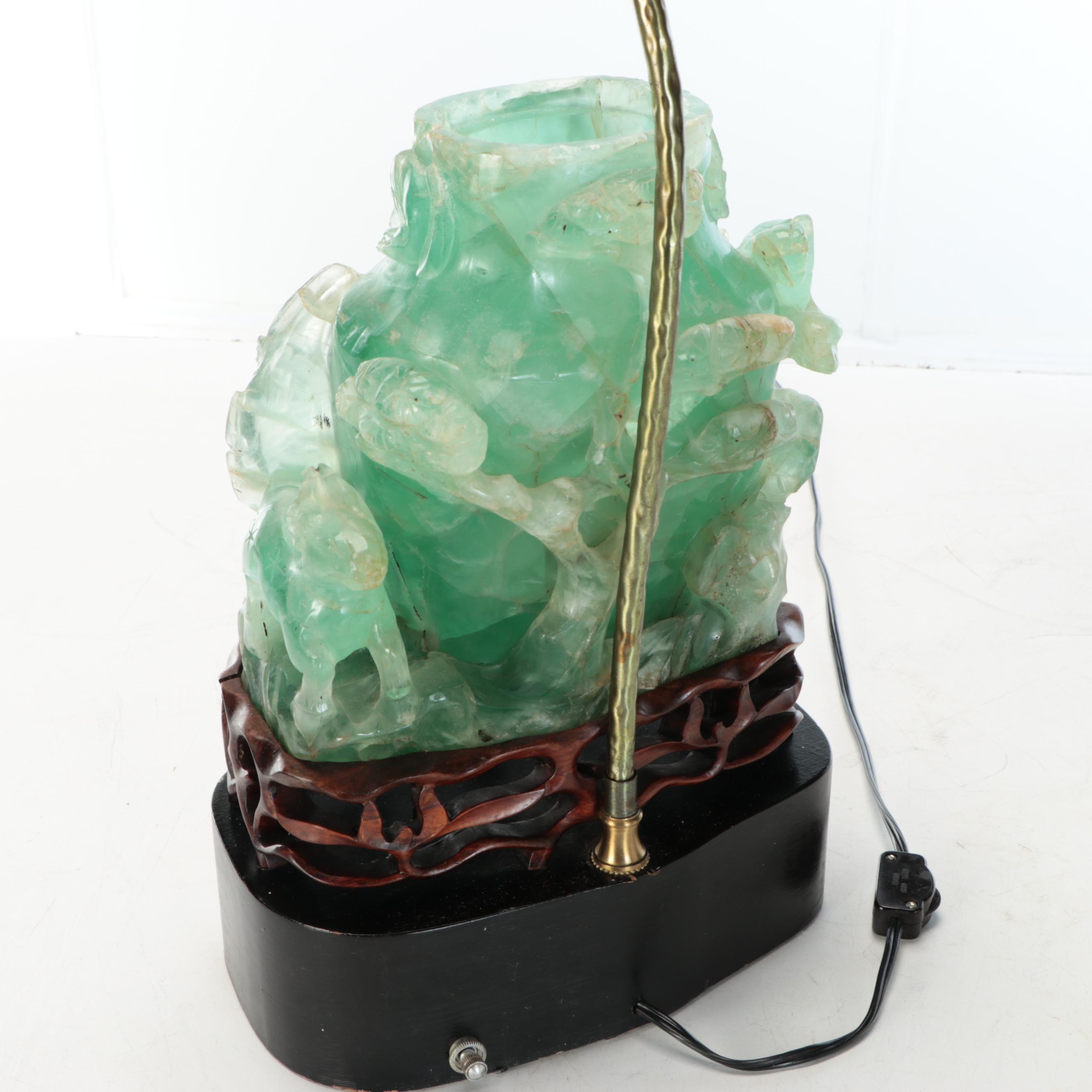 Chinese Hand-Carved Fluorite Censer Table Lamp with Silk Shade