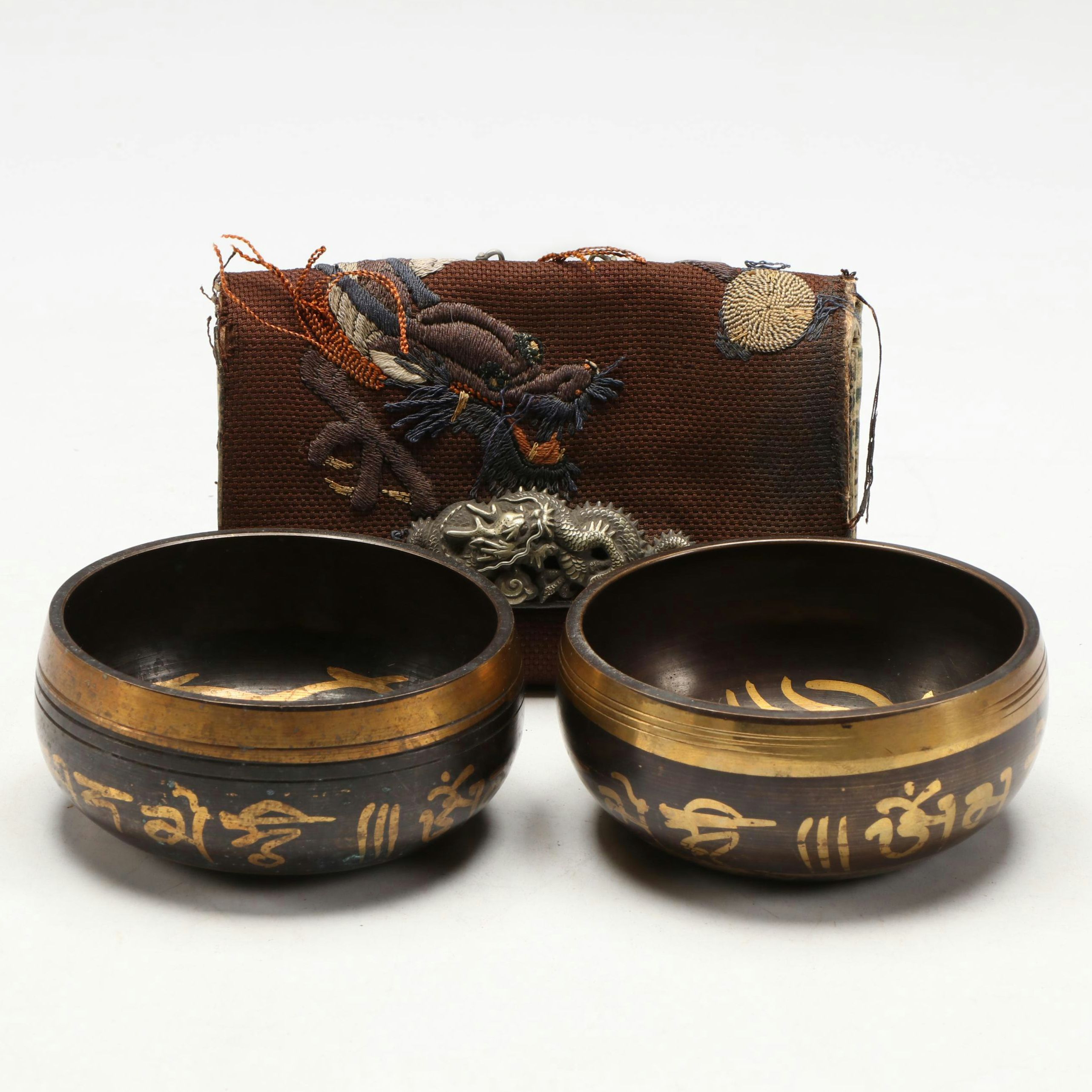 Japanese Embroidered Tobacco Pouch with Singing Bowls