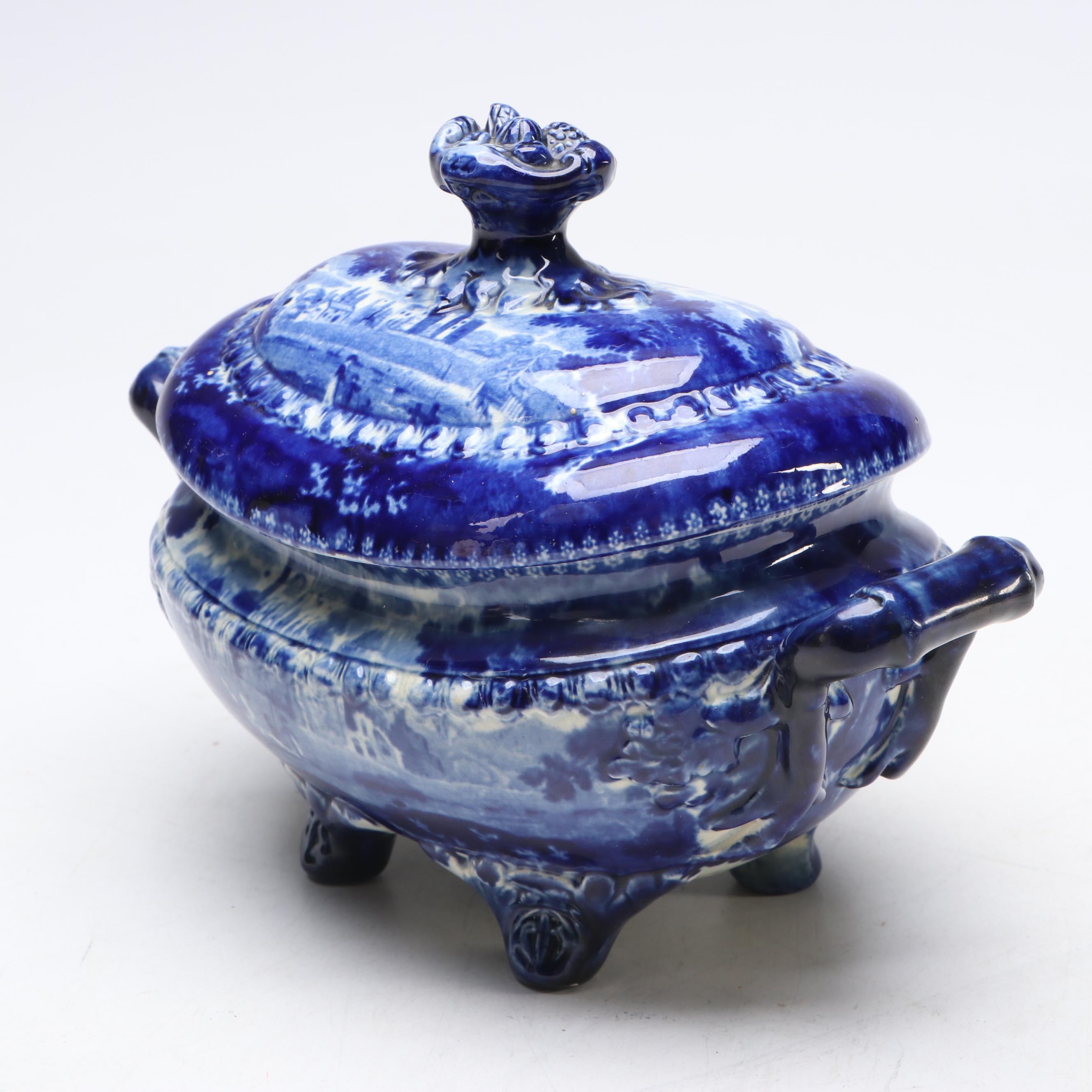 Victorian English "Panoramic Scenery" Blue Flow Earthenware Saucier