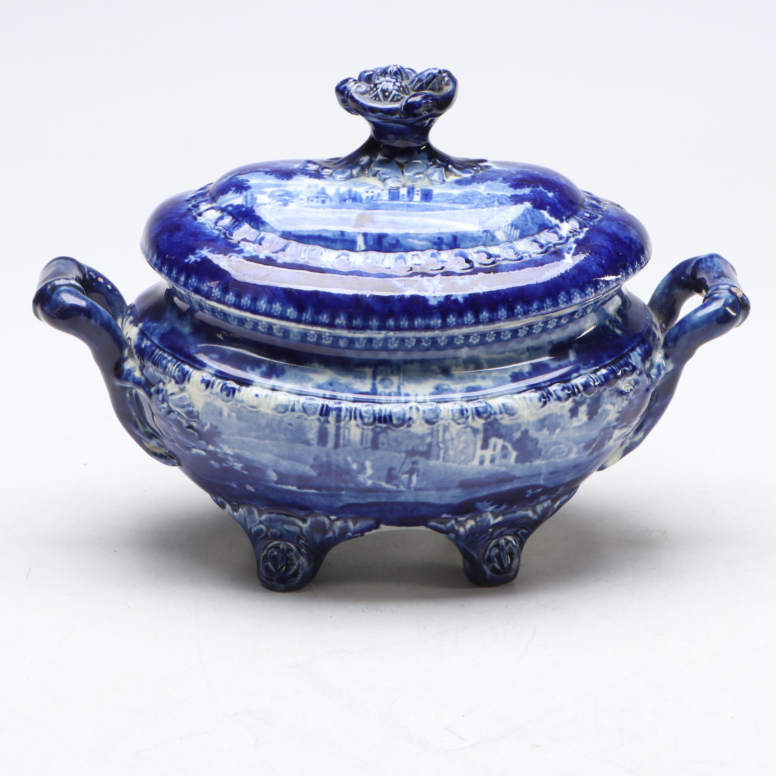 Victorian English "Panoramic Scenery" Blue Flow Earthenware Saucier