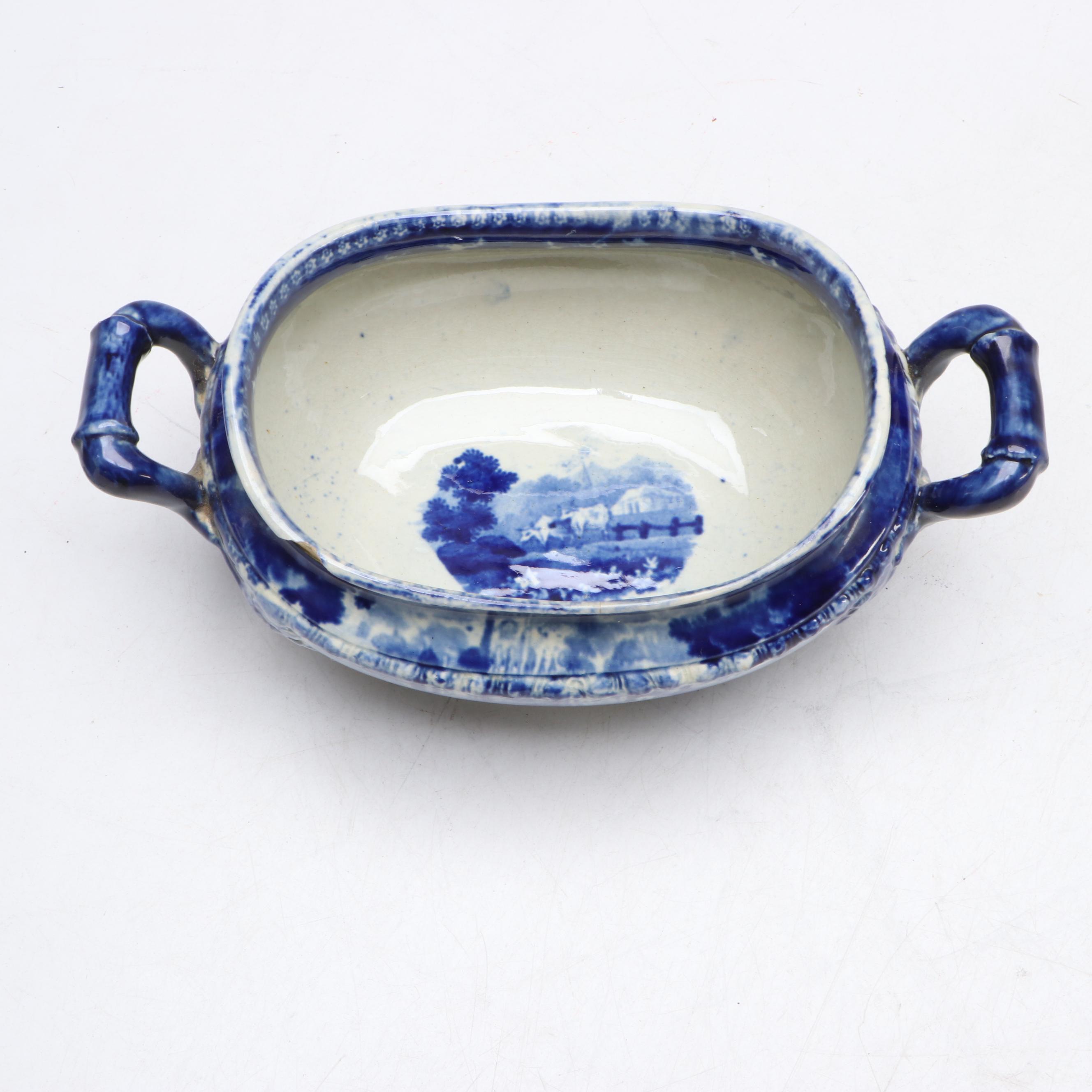 Victorian English "Panoramic Scenery" Blue Flow Earthenware Saucier