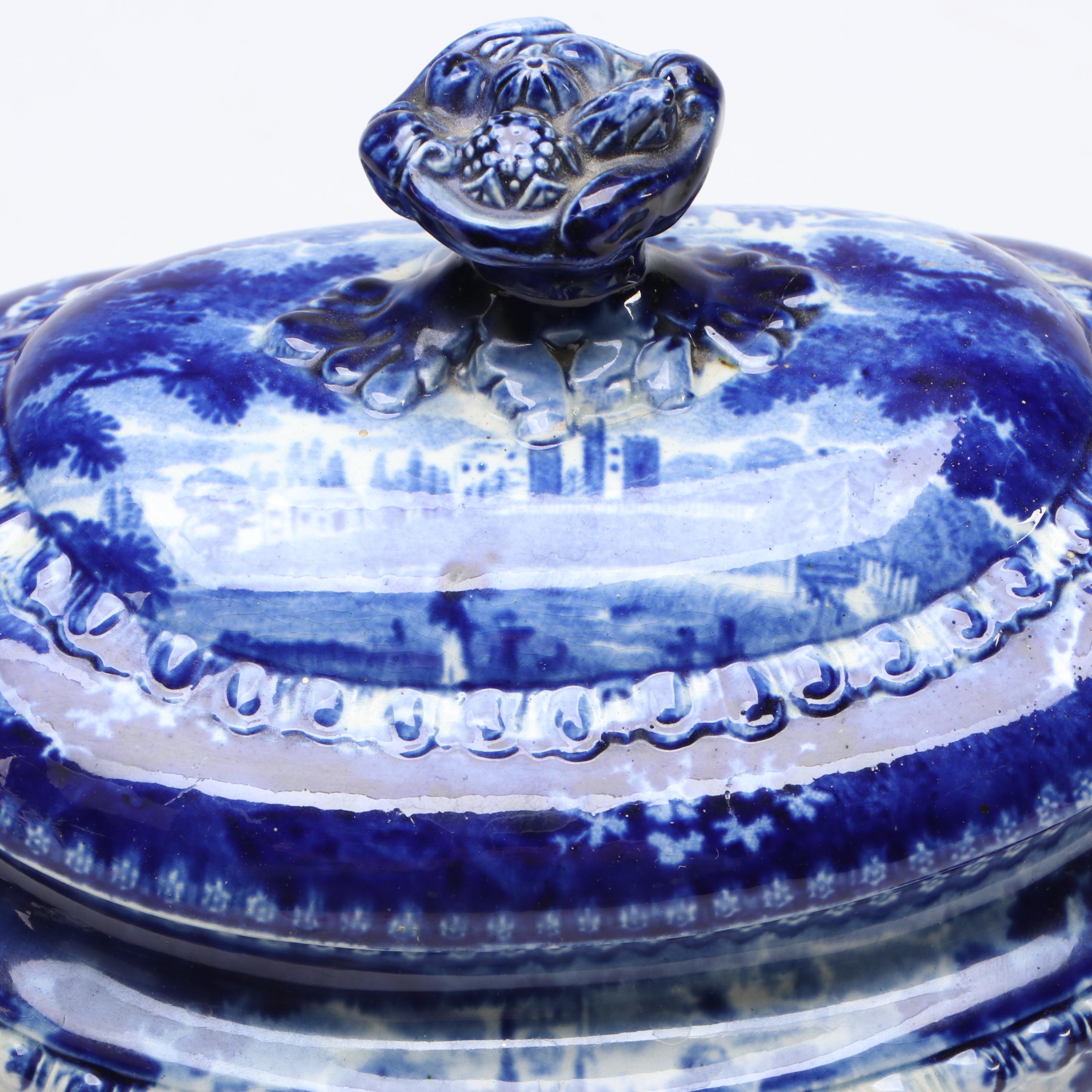 Victorian English "Panoramic Scenery" Blue Flow Earthenware Saucier