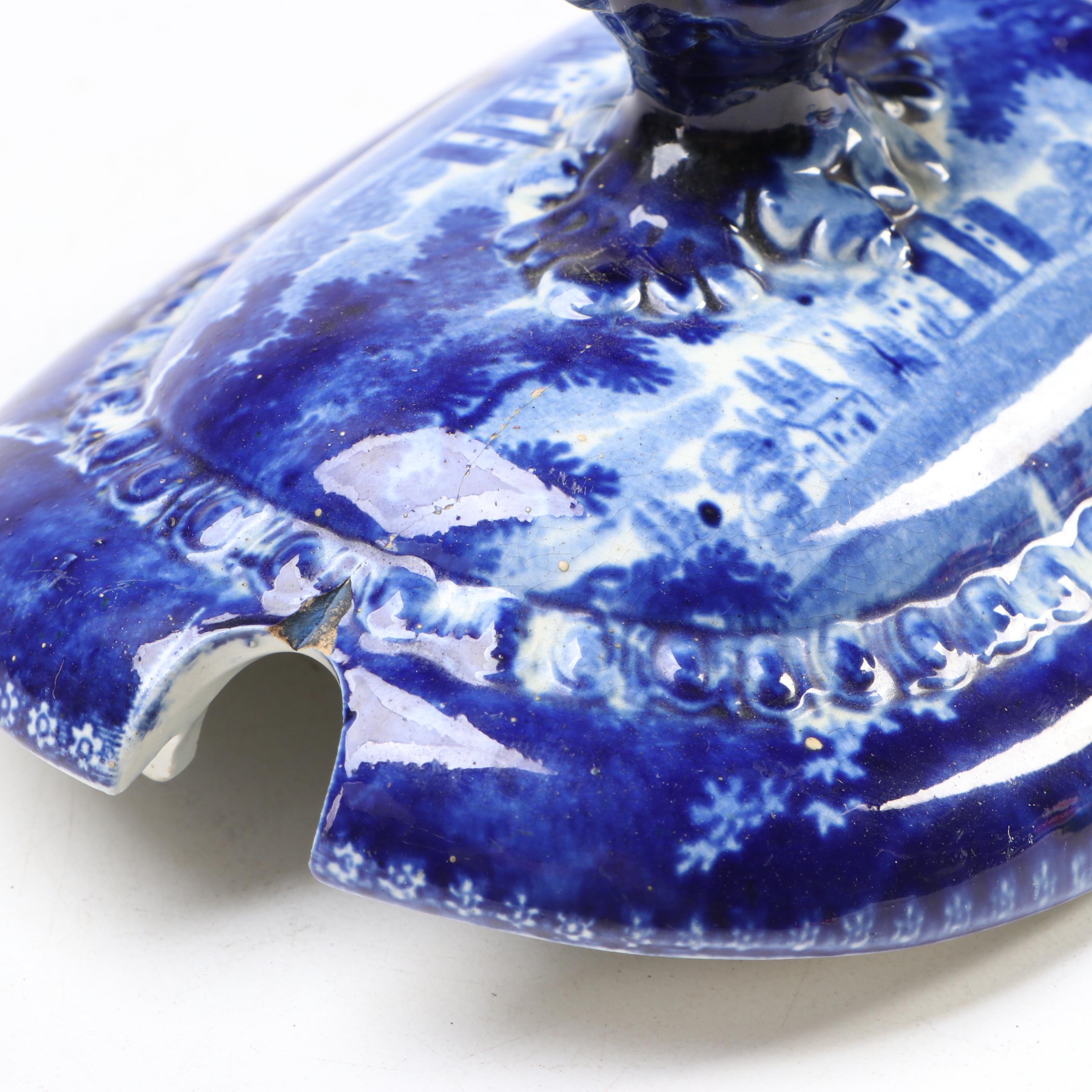 Victorian English "Panoramic Scenery" Blue Flow Earthenware Saucier