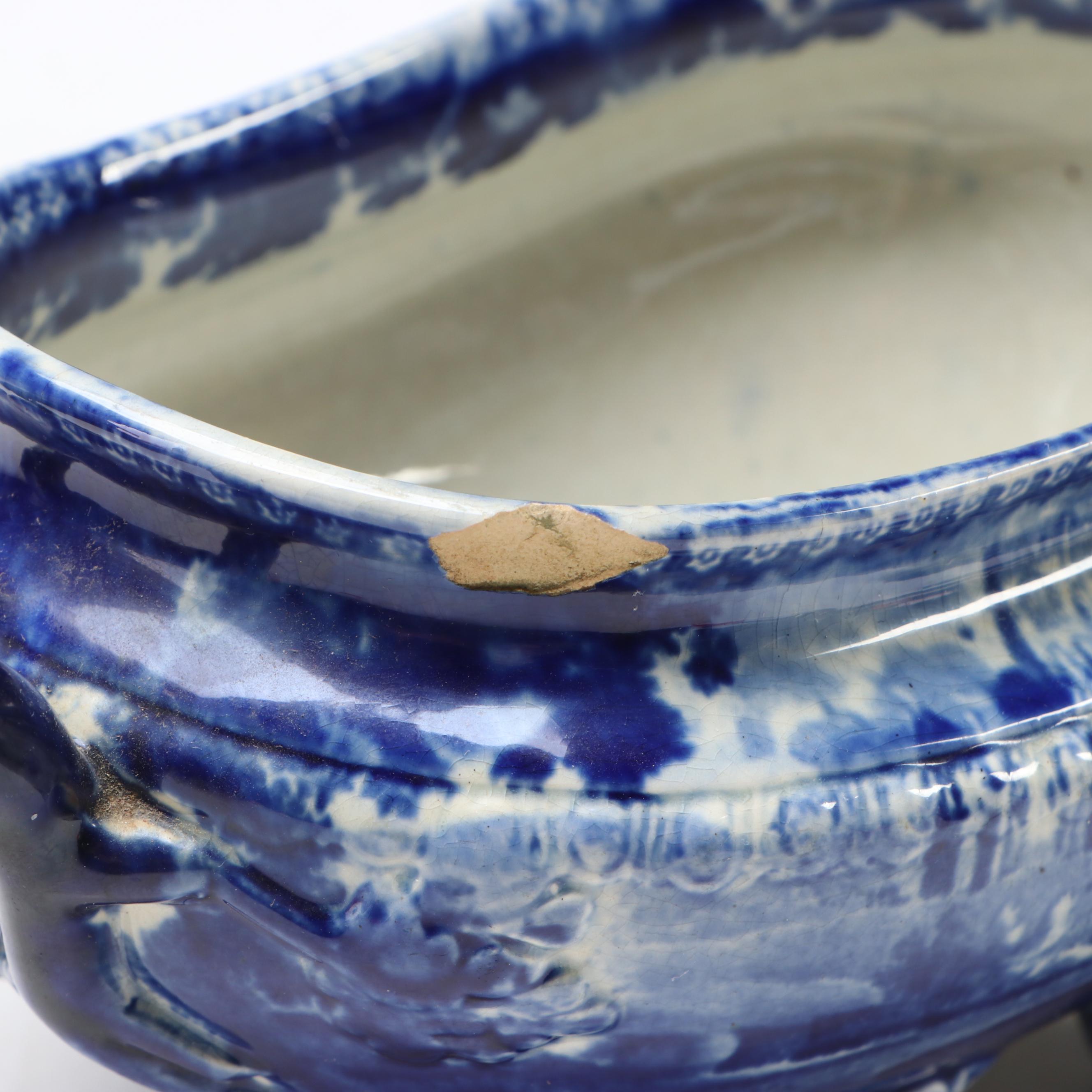 Victorian English "Panoramic Scenery" Blue Flow Earthenware Saucier