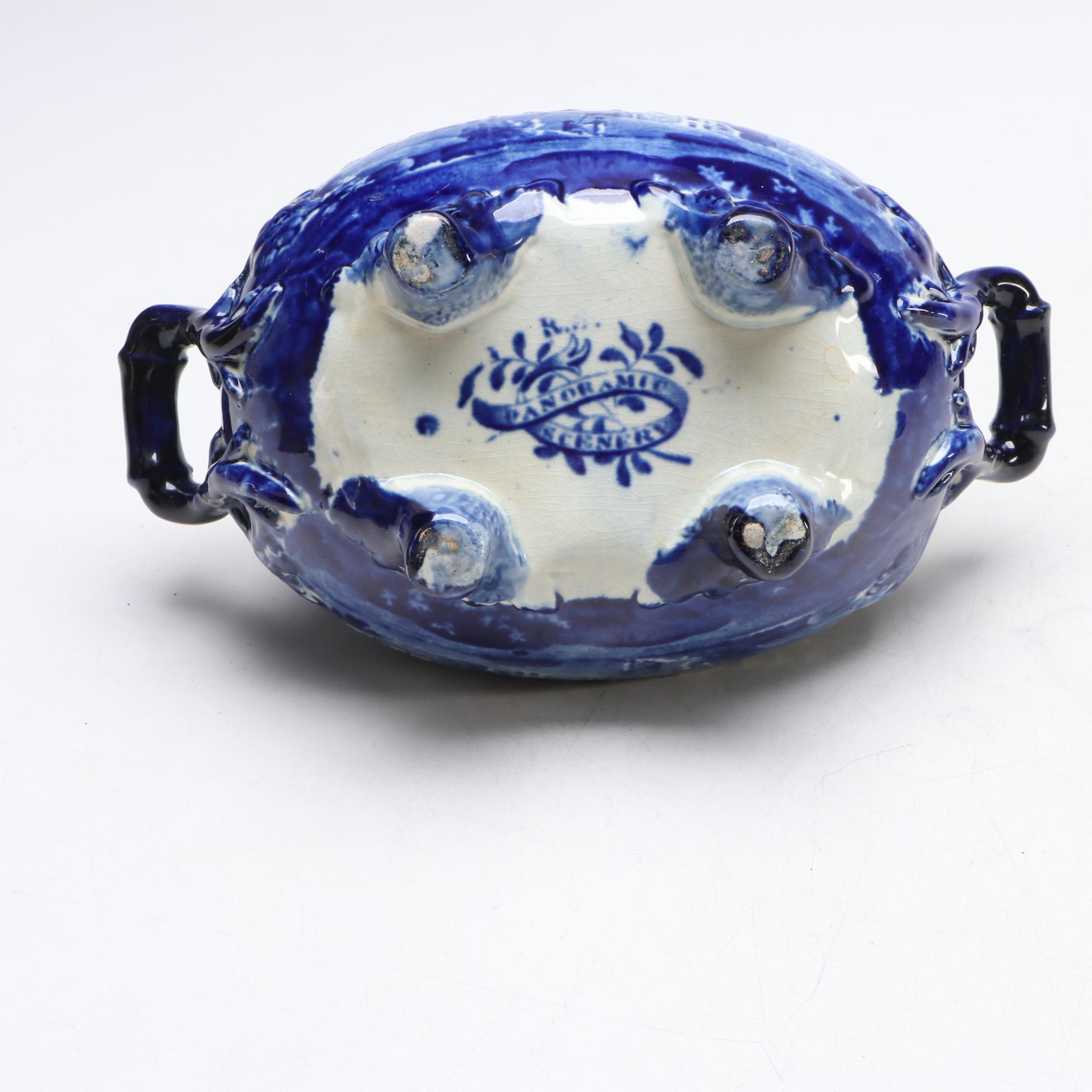 Victorian English "Panoramic Scenery" Blue Flow Earthenware Saucier