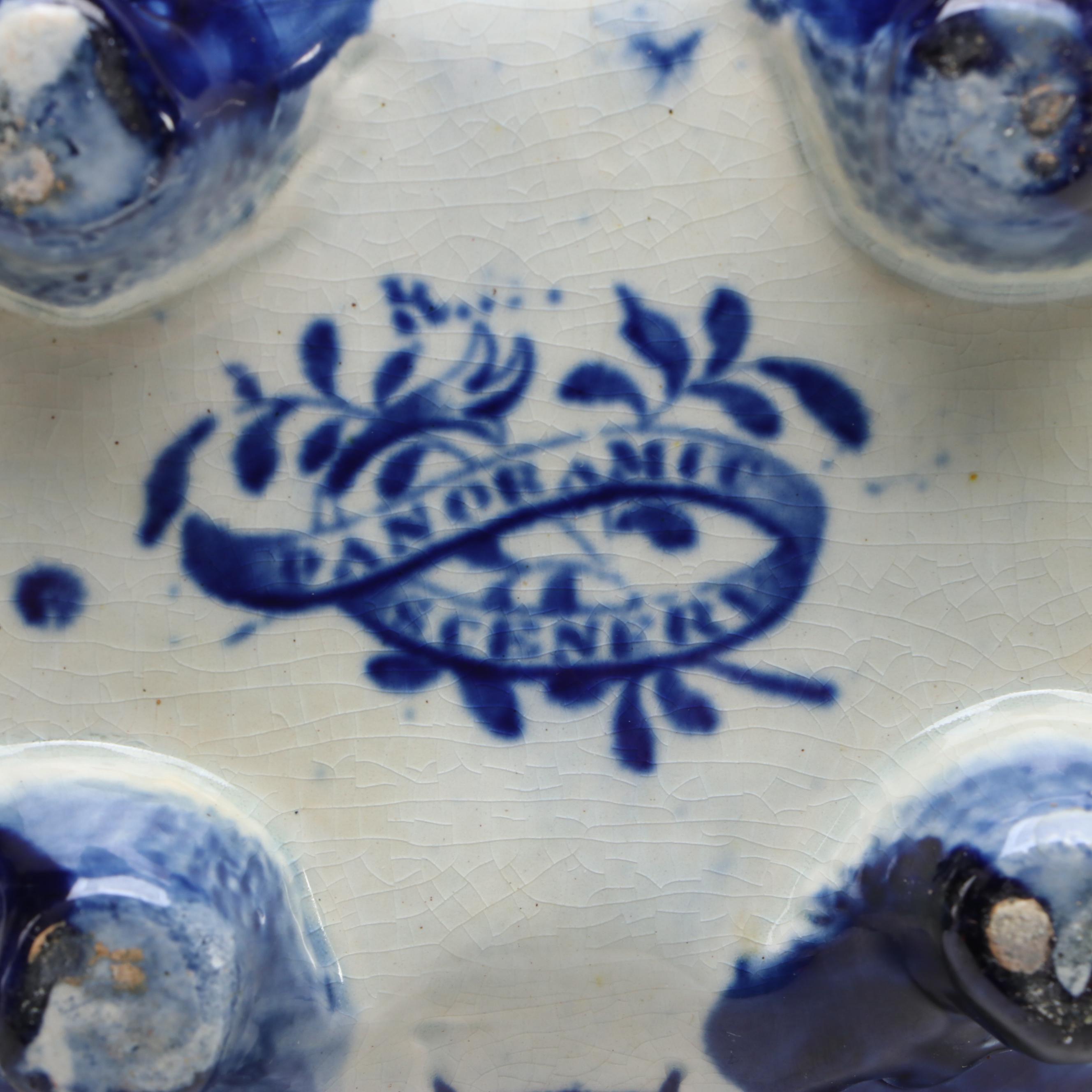 Victorian English "Panoramic Scenery" Blue Flow Earthenware Saucier