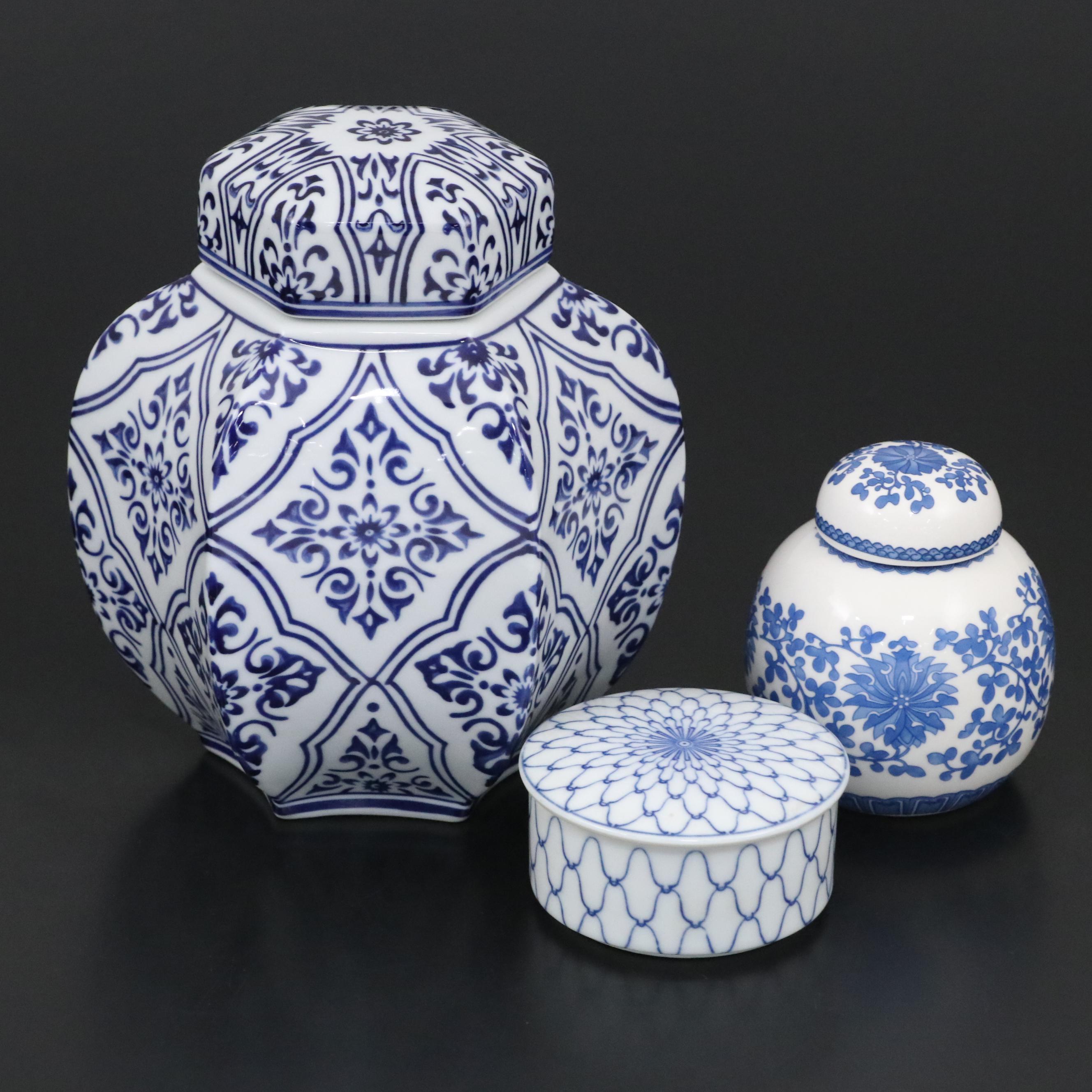 Blue & White Porcelain Ginger Jar with Takahashi Lidded Box and Small Ginger Jar