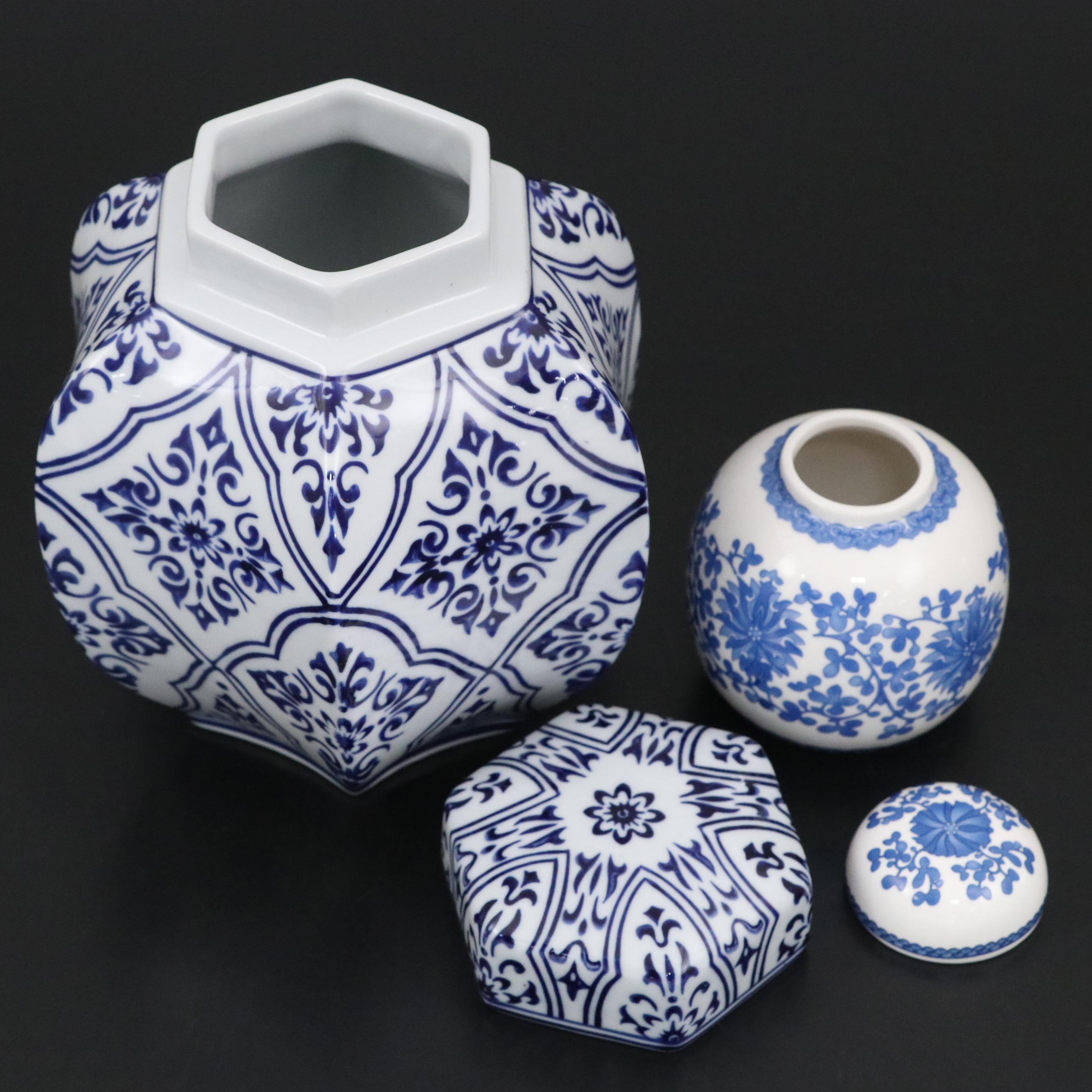 Blue & White Porcelain Ginger Jar with Takahashi Lidded Box and Small Ginger Jar