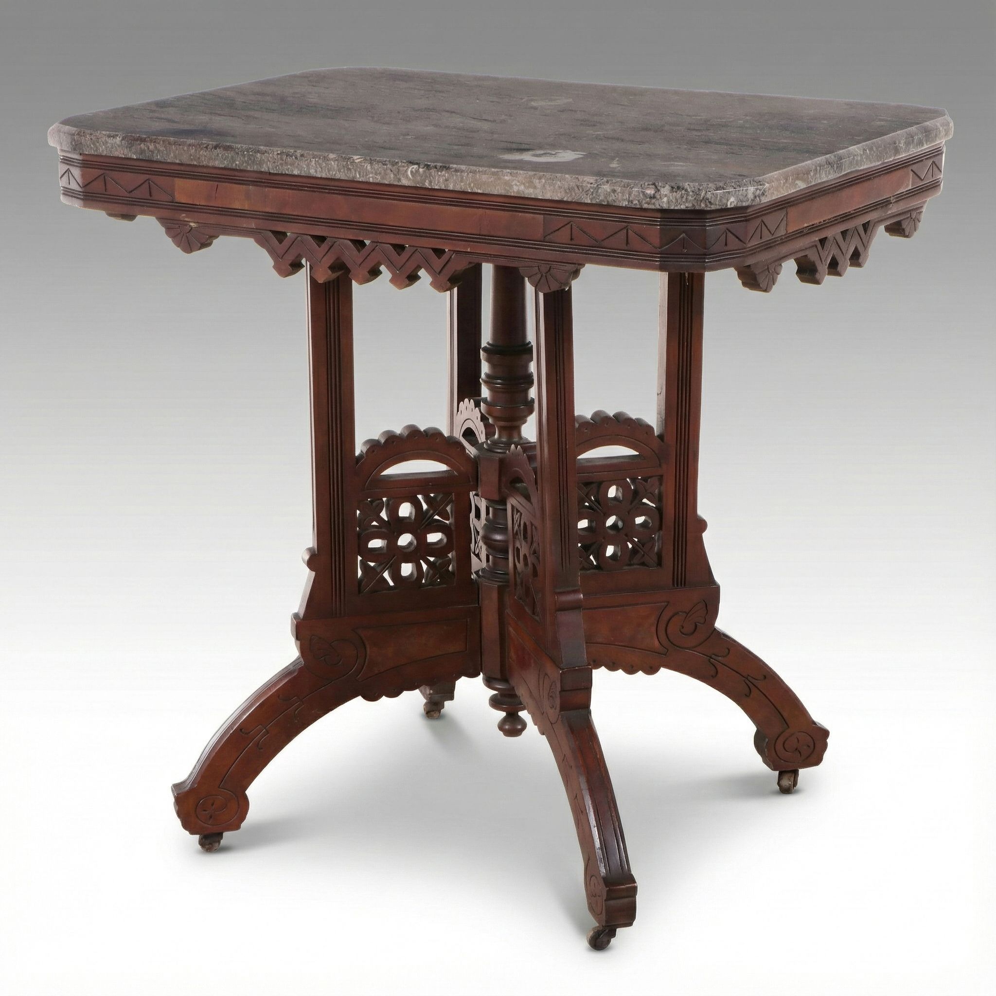 Eastlake Carved Walnut Center Table with Stone Top