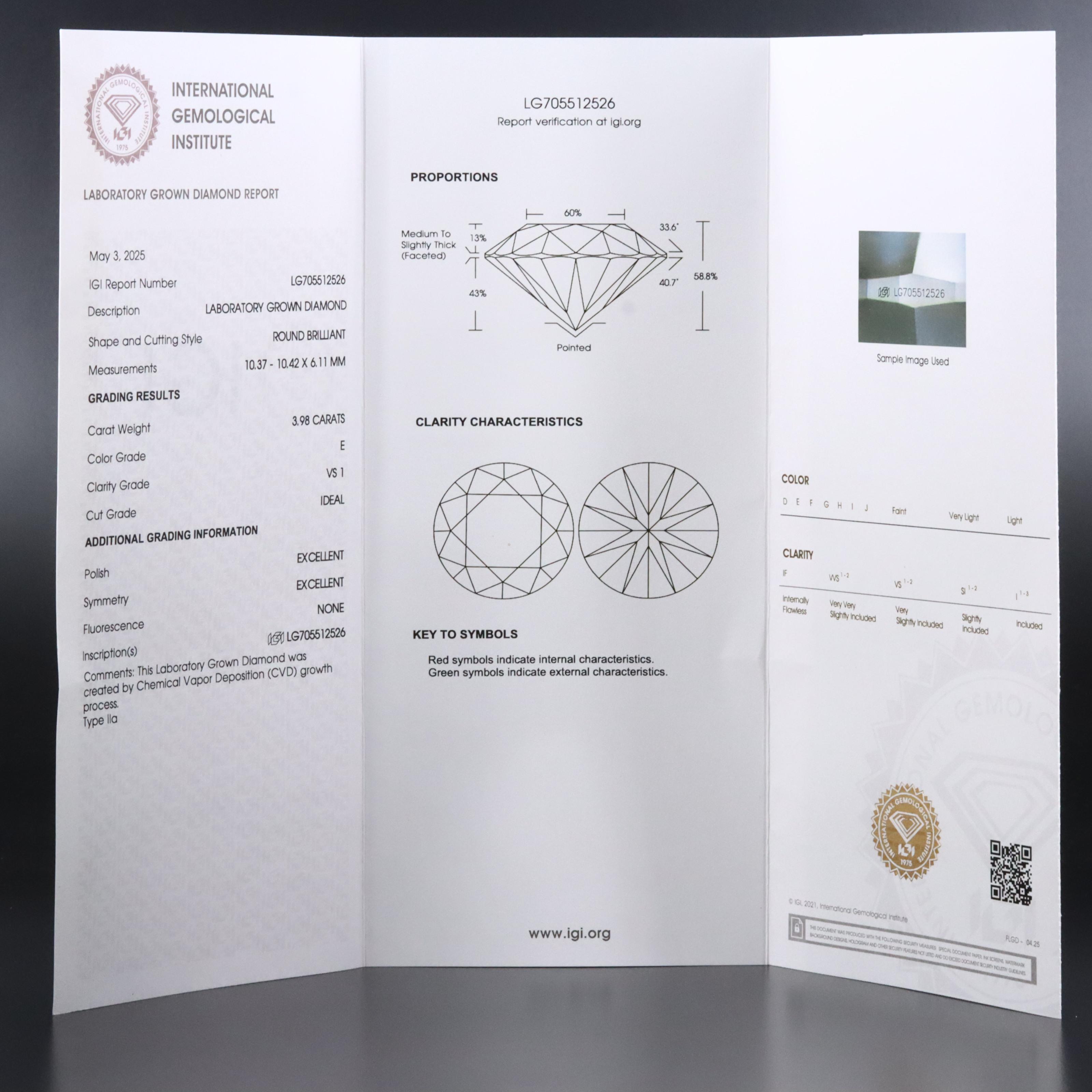 Loose 3.98 CT Lab Grown Diamond with IGI Report