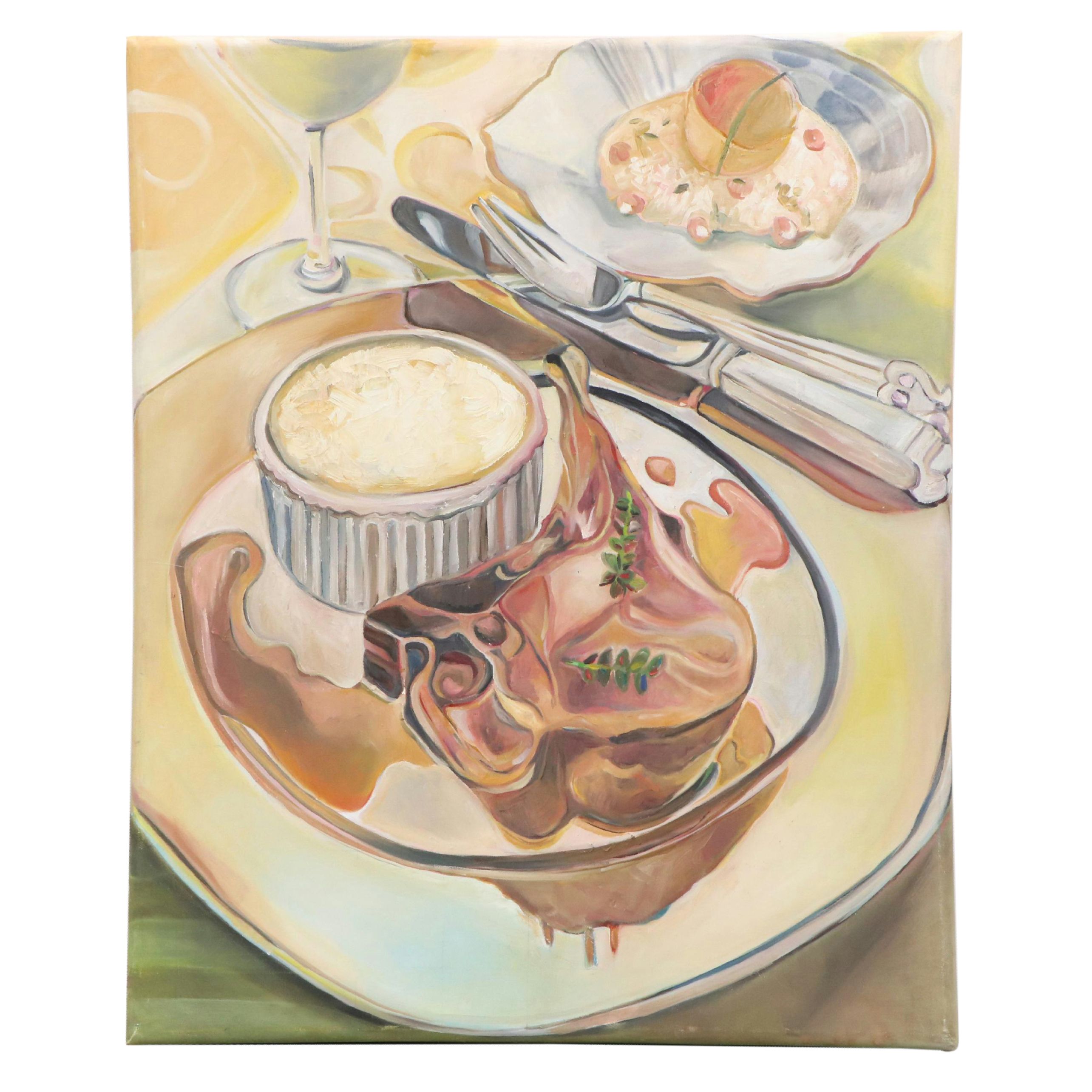 Mauri Moskowitz Acrylic Painting of Meal with Pork Chop