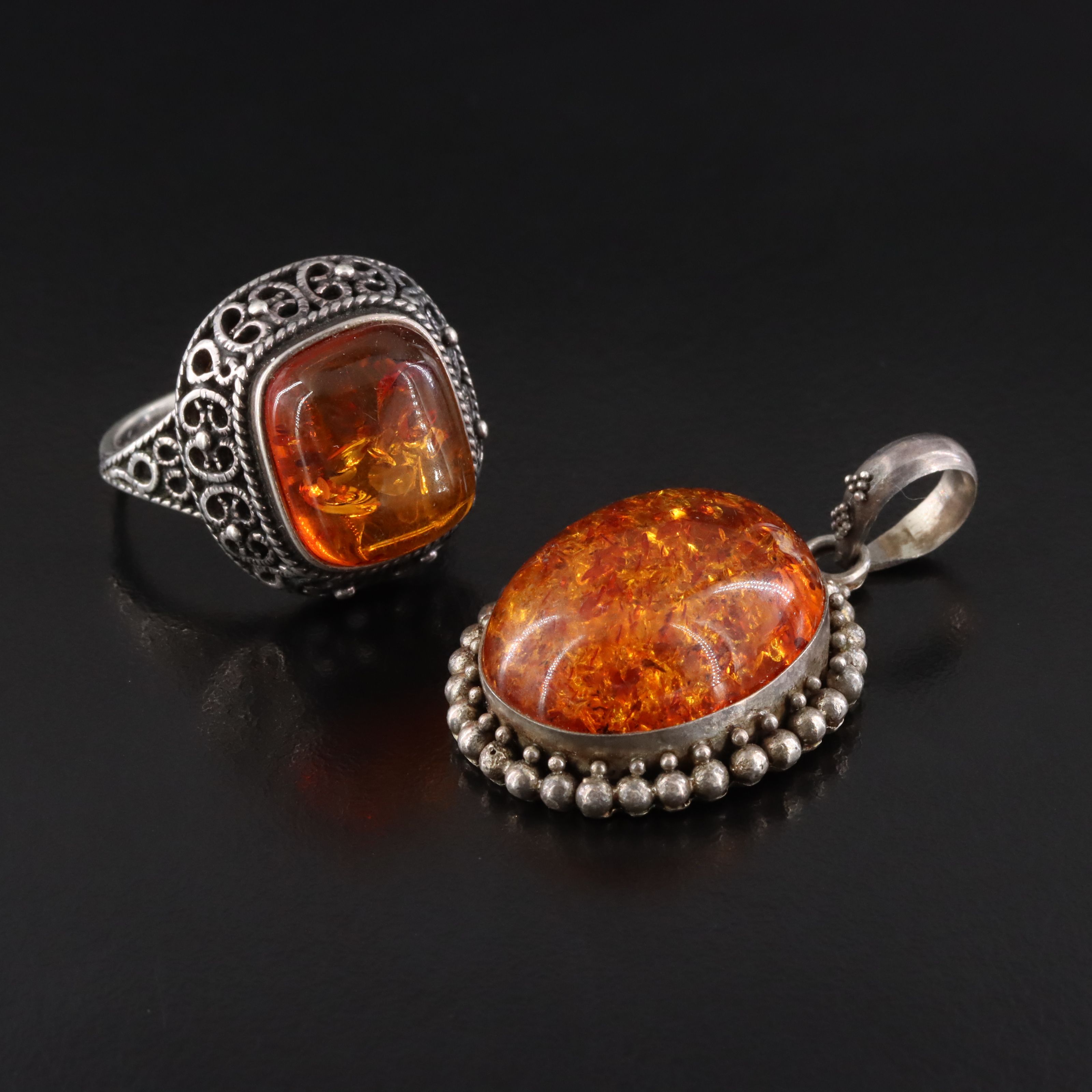 Sterling Amber Ring and Pendant