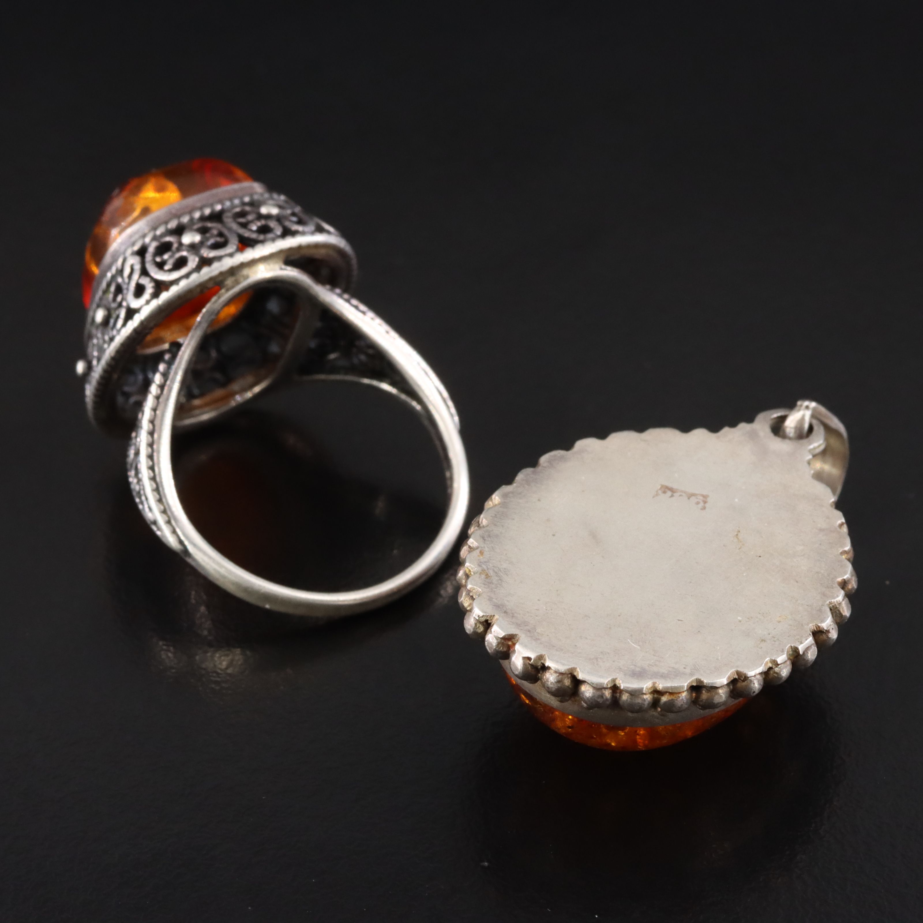 Sterling Amber Ring and Pendant