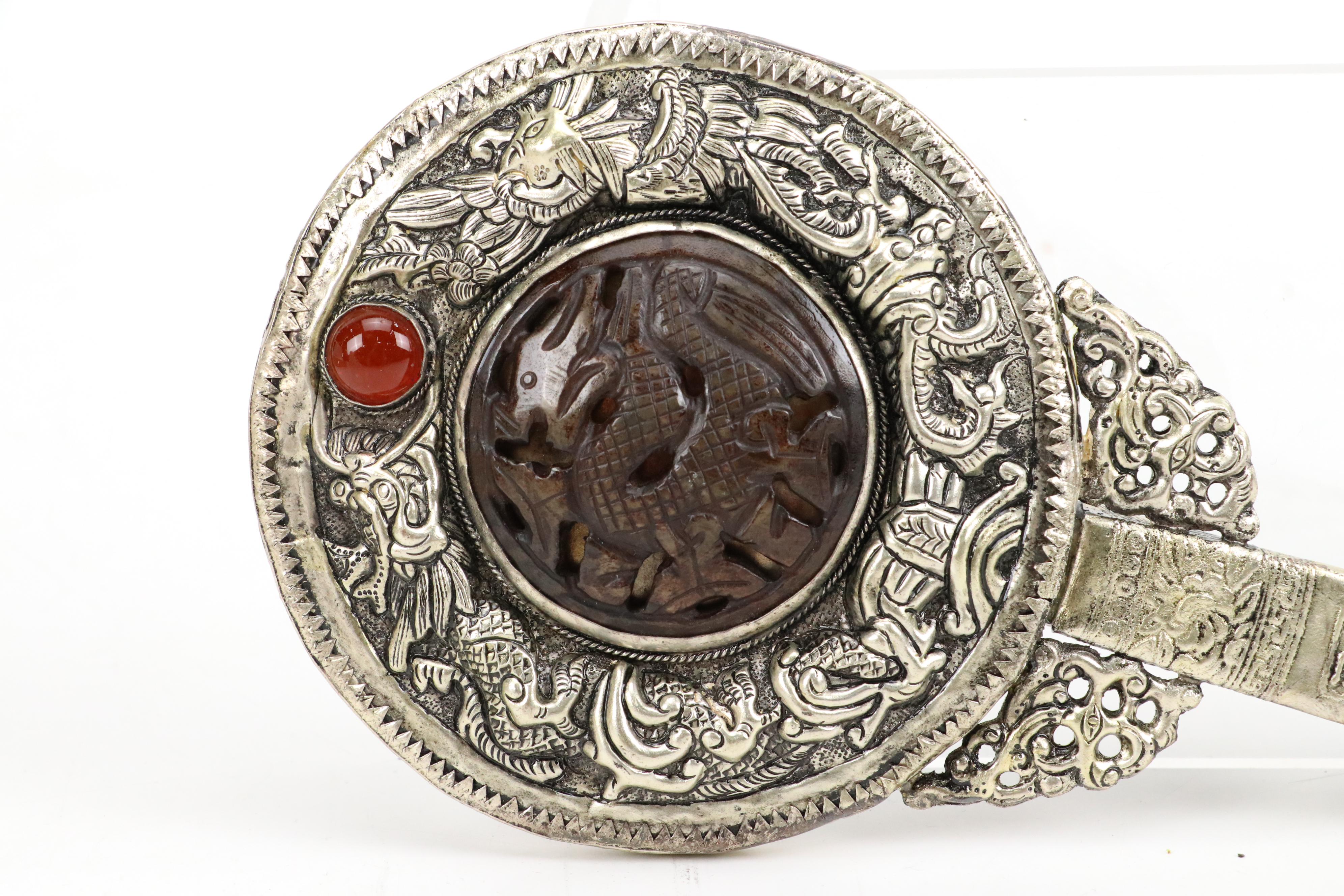 Chinese Serpentine Belt Hook Mirror with Dragon Motif