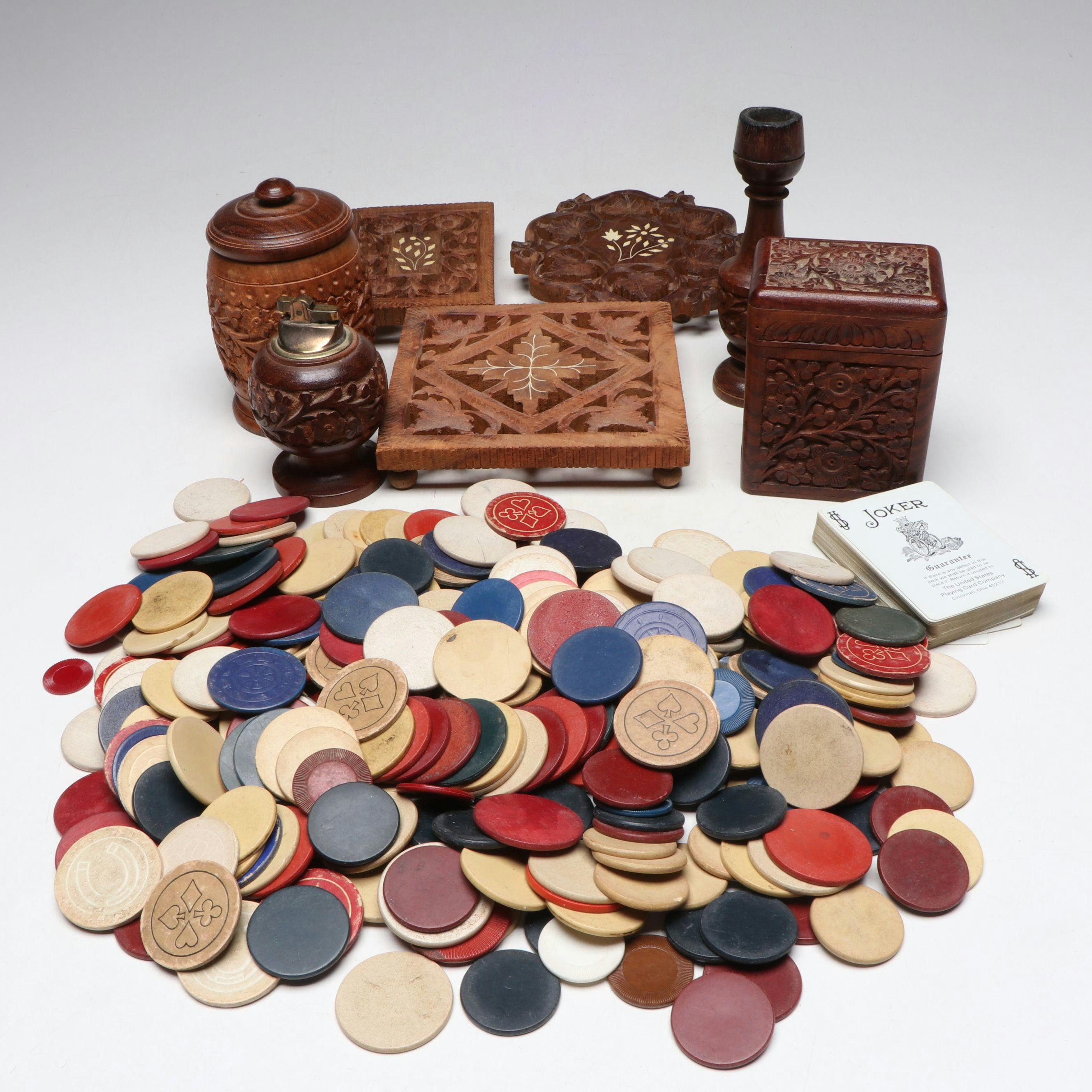 Indian Hand-Carved and Inlaid Trivets, with More Table Décor and Poker Chips