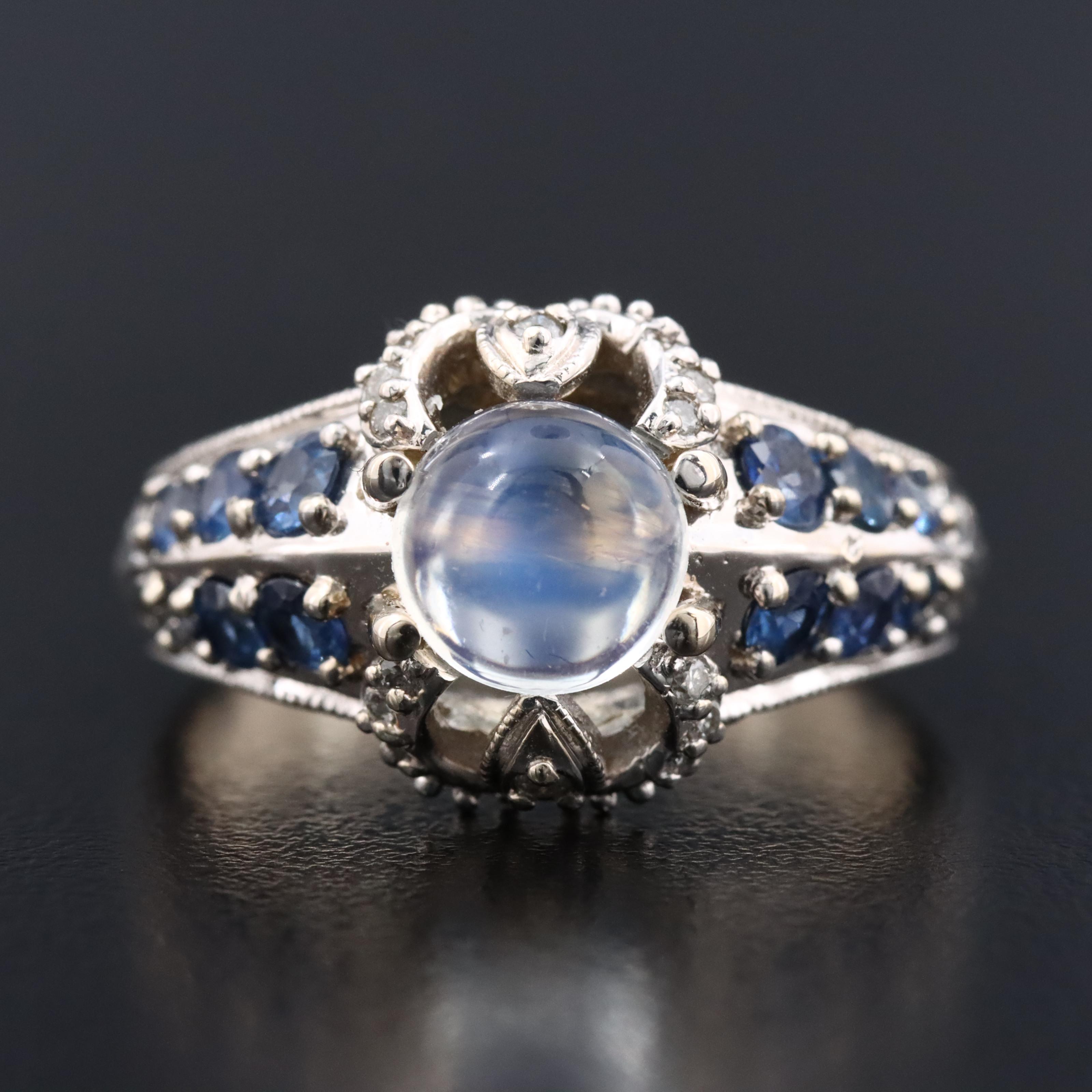 14K Rainbow Moonstone, Sapphire and Diamond Ring