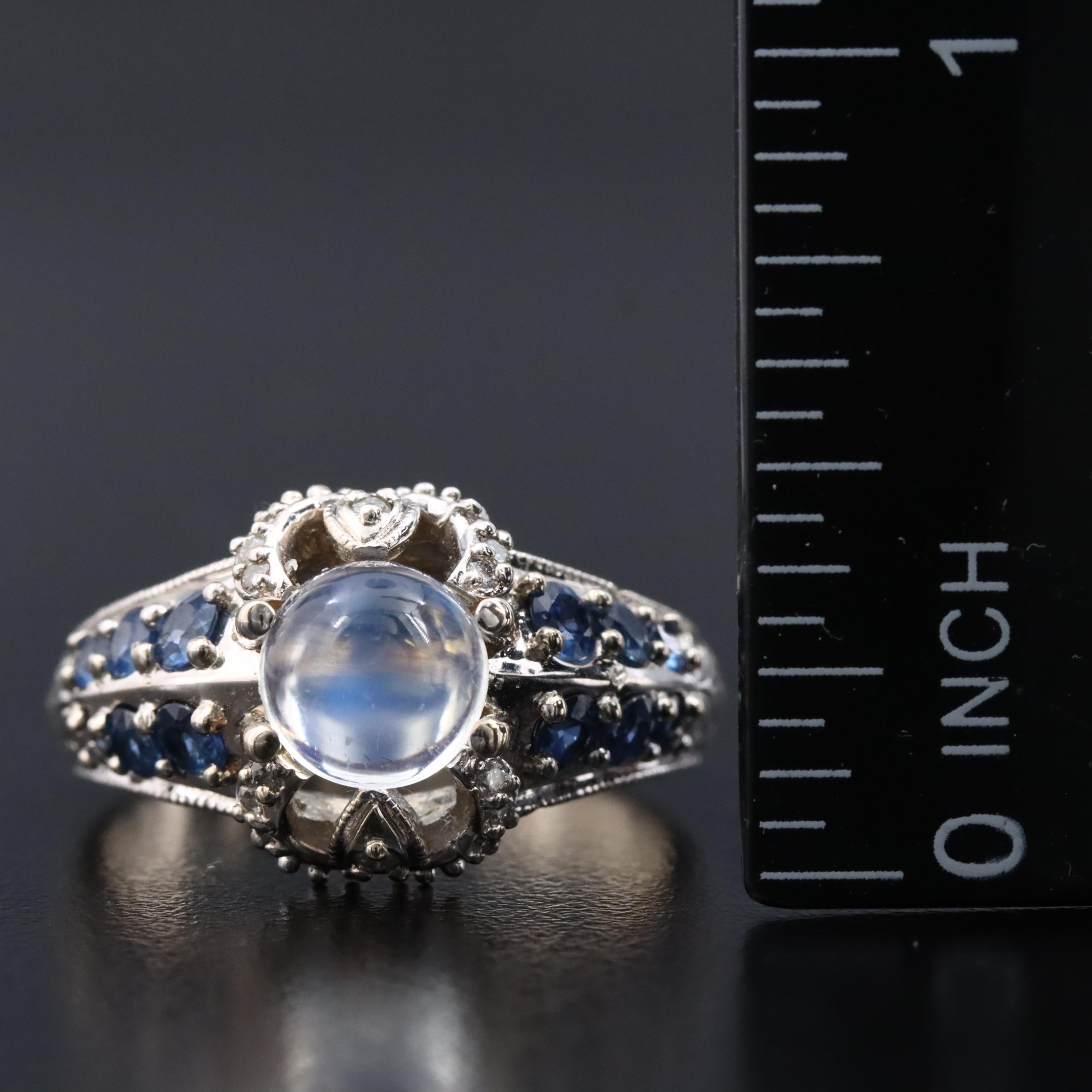 14K Rainbow Moonstone, Sapphire and Diamond Ring