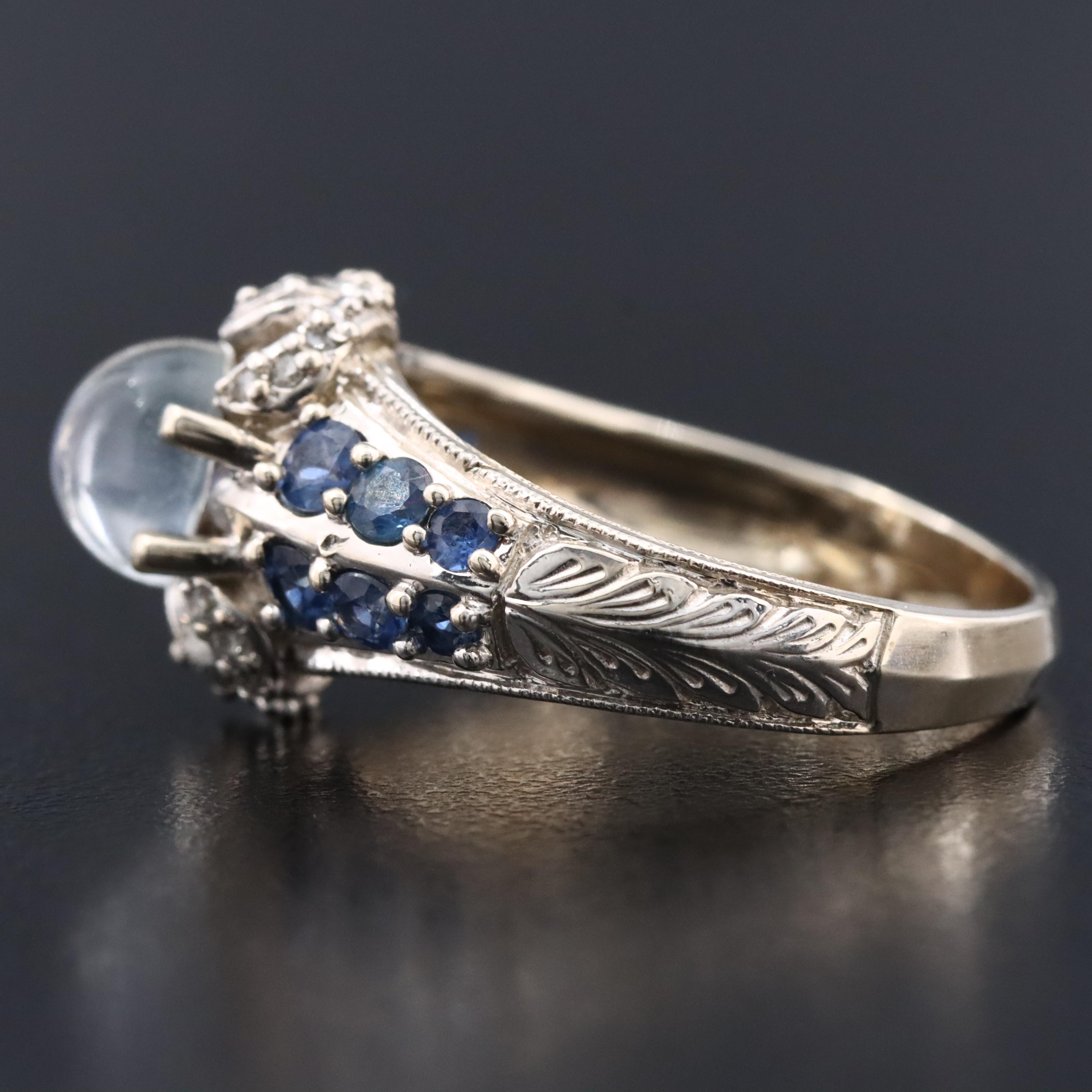 14K Rainbow Moonstone, Sapphire and Diamond Ring