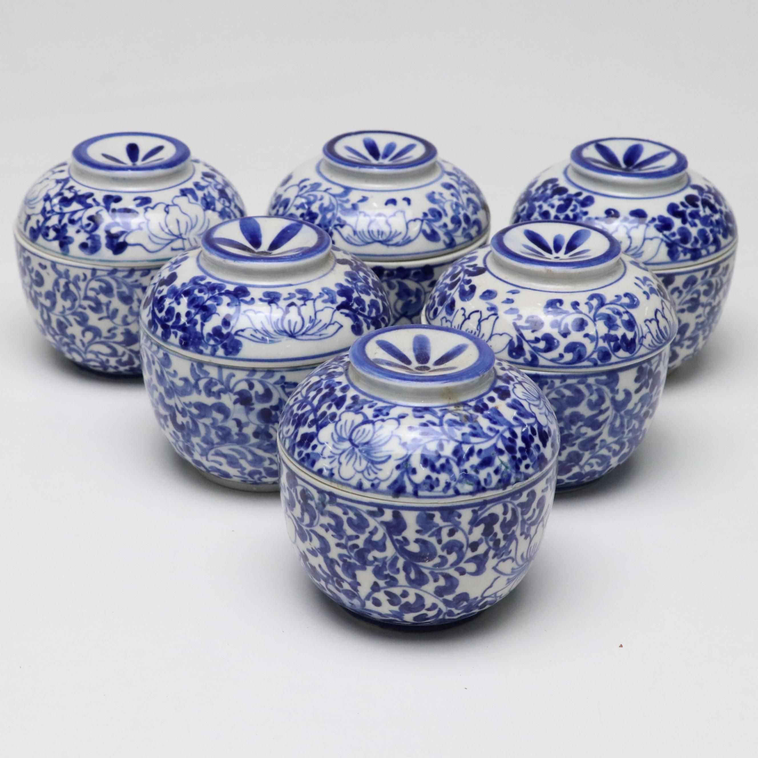 Hand-Painted Blue and White Ceramic Lidded Jars