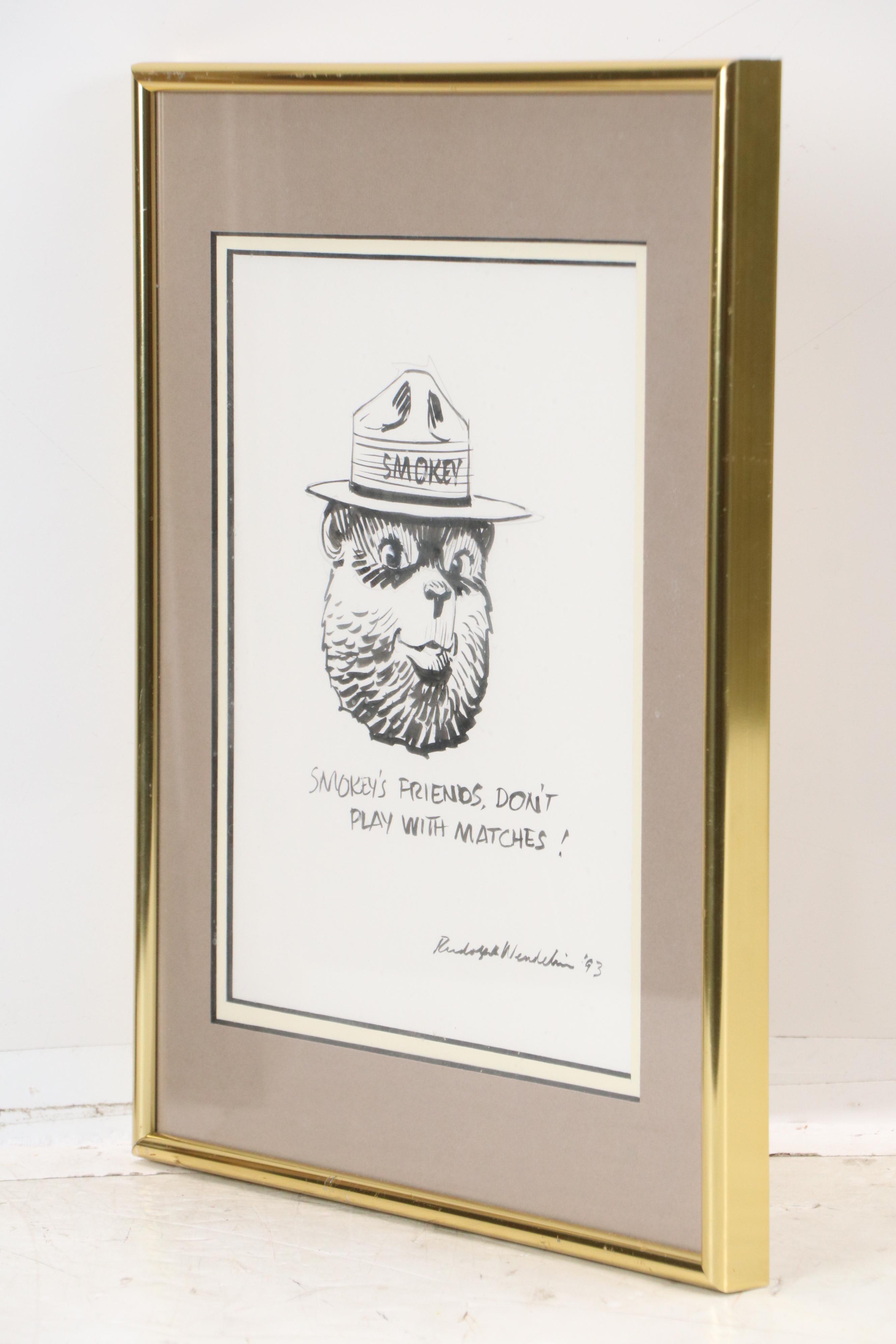 Rudolph Wendelin Smokey Bear Ink Drawing and Other Smokey Bear Memorabilia, 1993