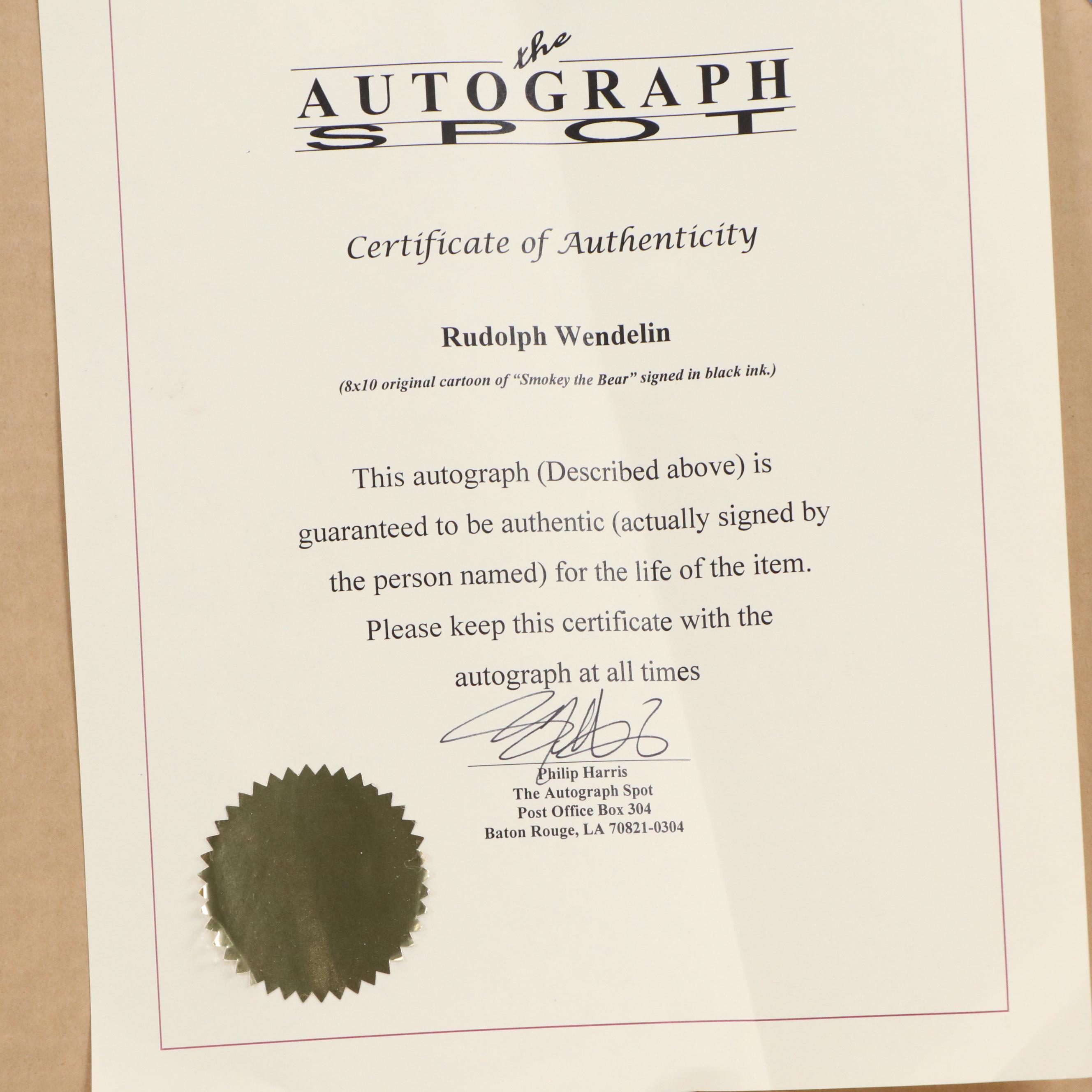 Rudolph Wendelin Smokey Bear Ink Drawing and Other Smokey Bear Memorabilia, 1993