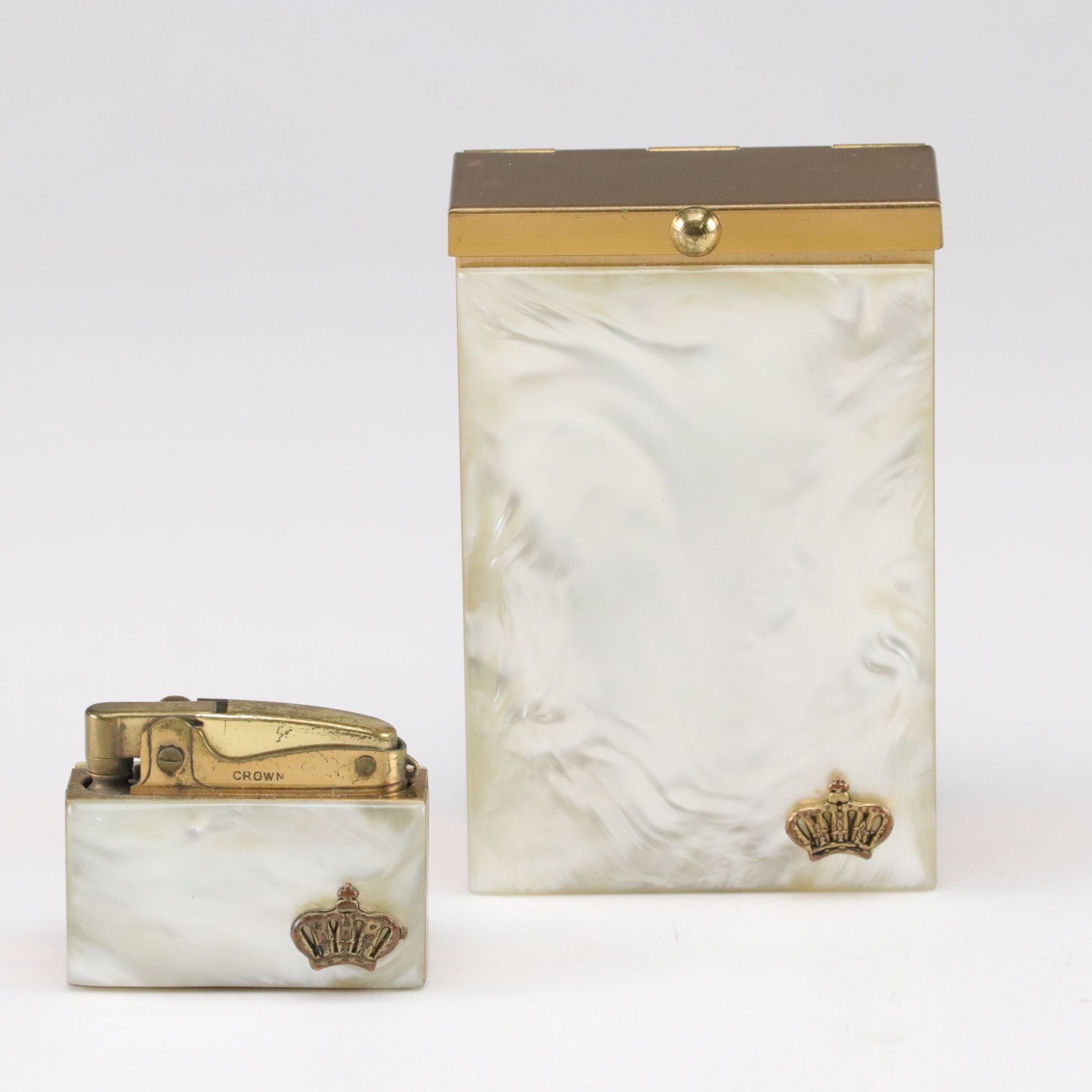 Crown Desktop Lighter & Cigarette Case with Pearl Accents