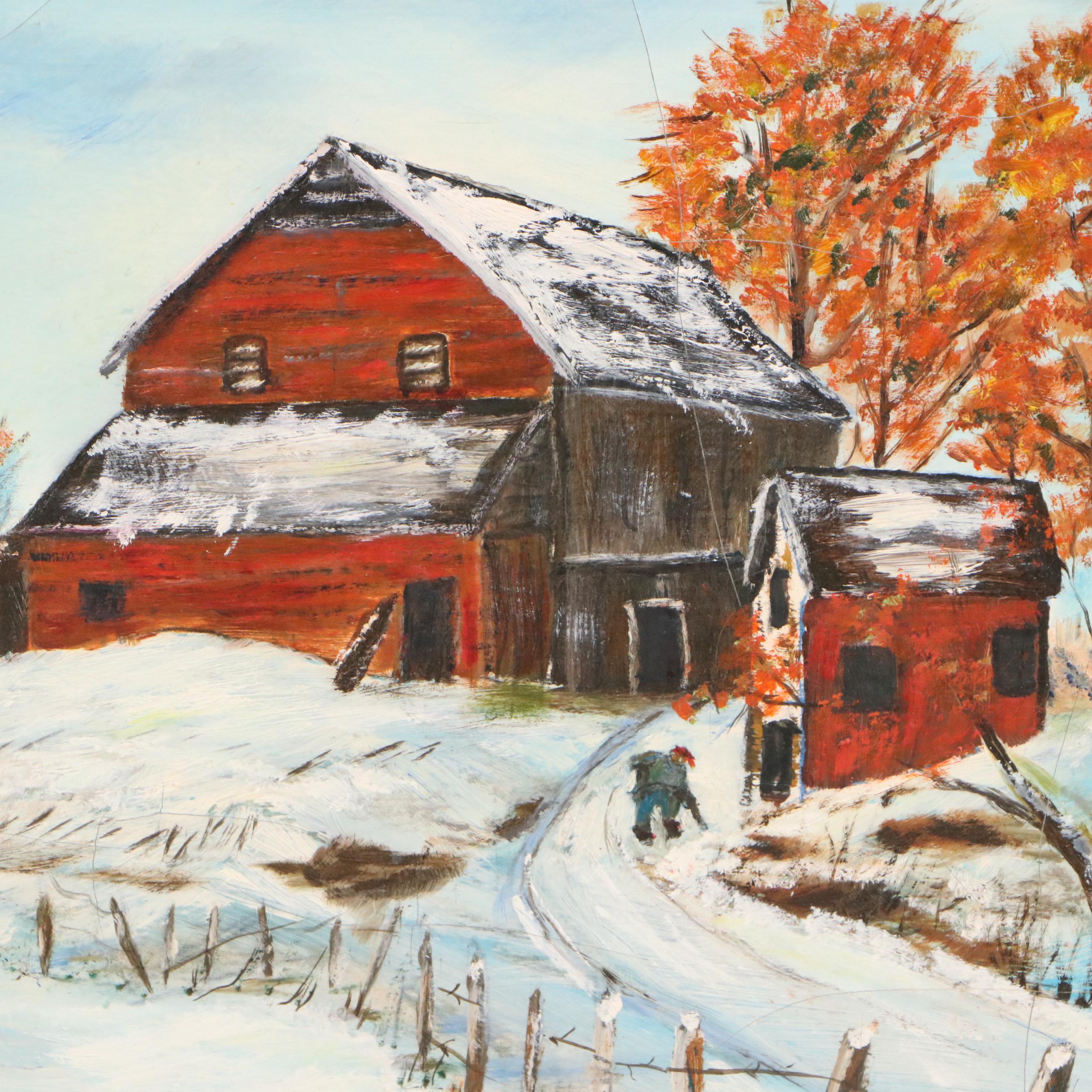 Winter Farm Landscape Oil Painting, Mid-20th Century