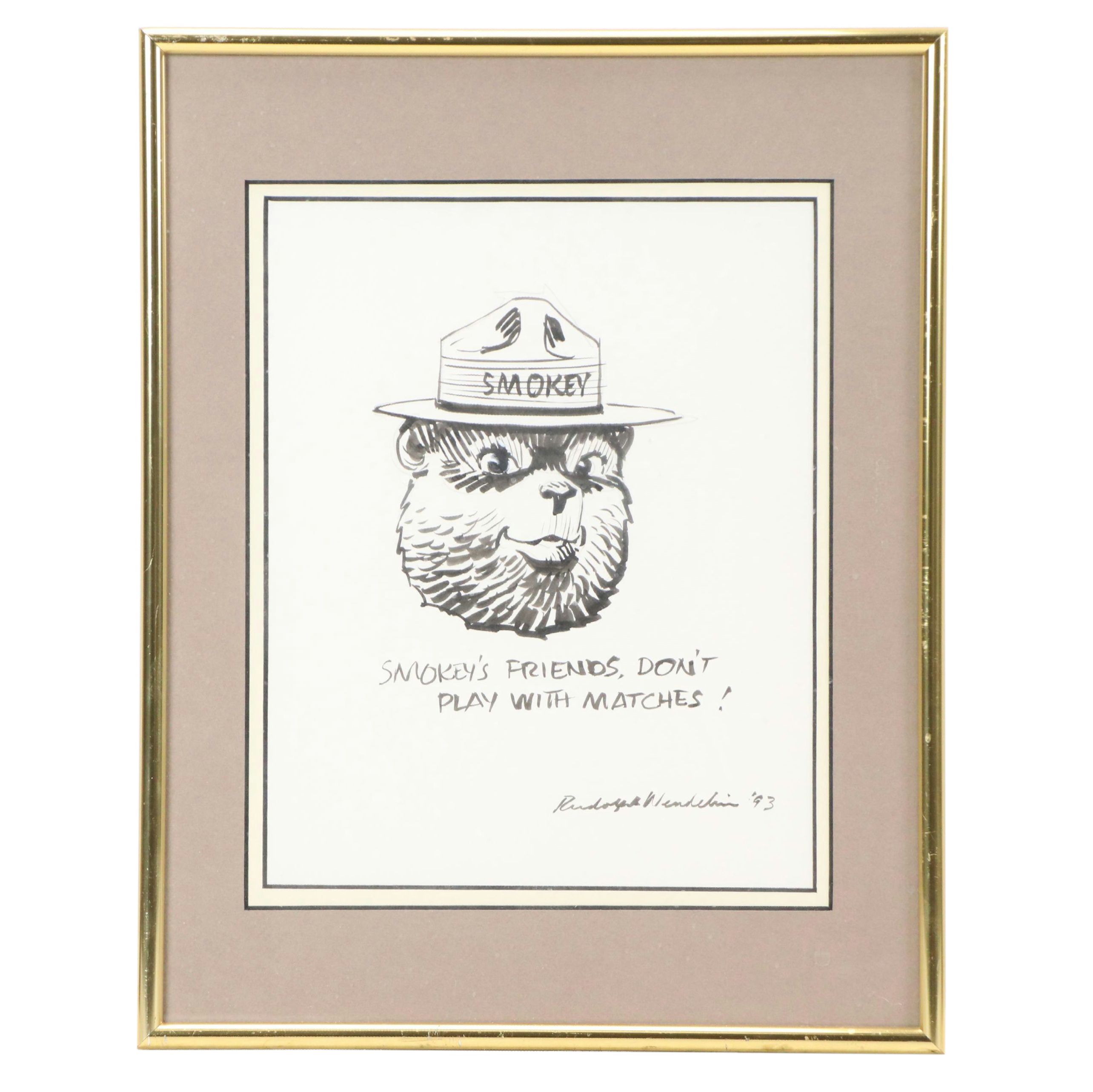 Rudolph Wendelin Smokey Bear Ink Drawing and Other Smokey Bear Memorabilia, 1993