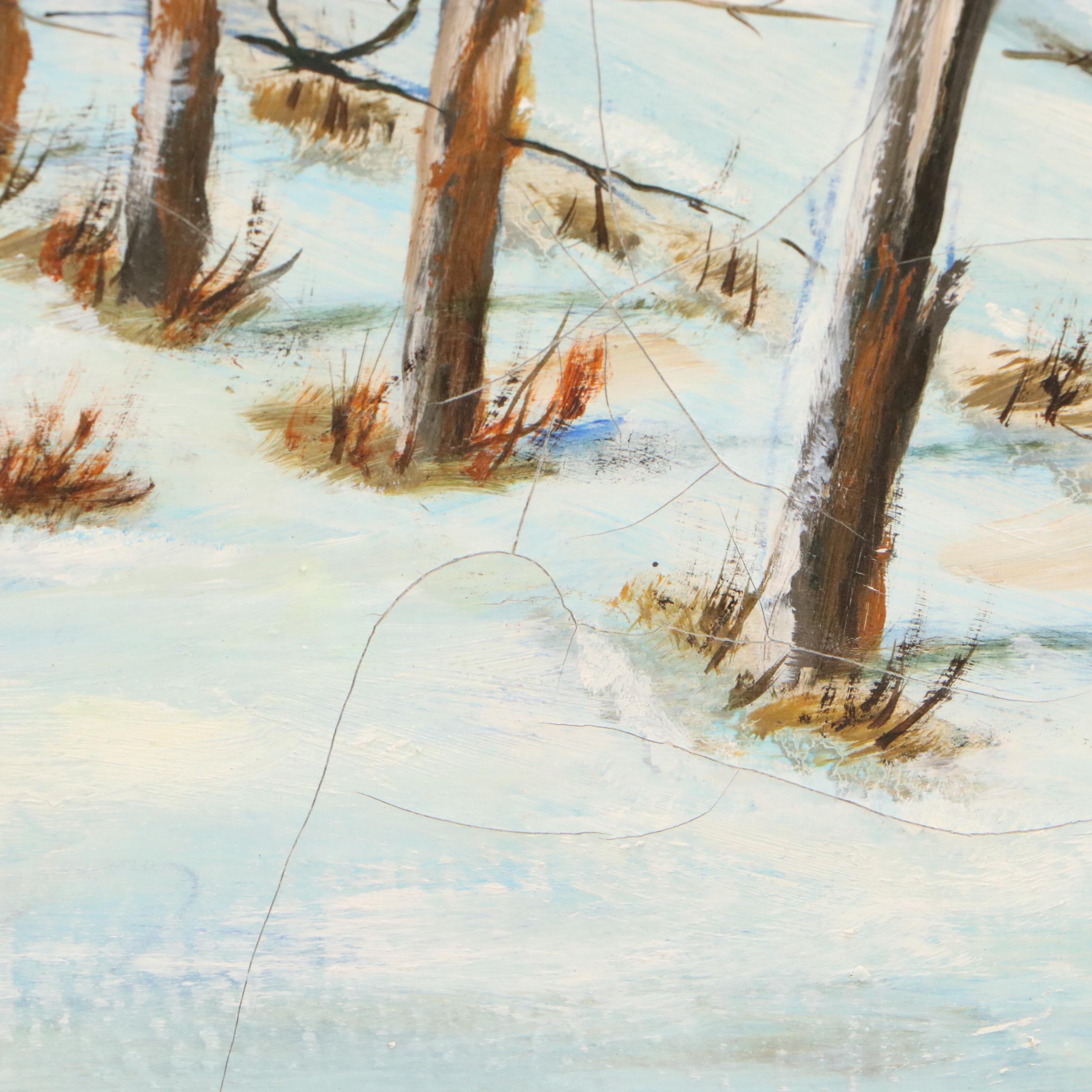 Winter Farm Landscape Oil Painting, Mid-20th Century