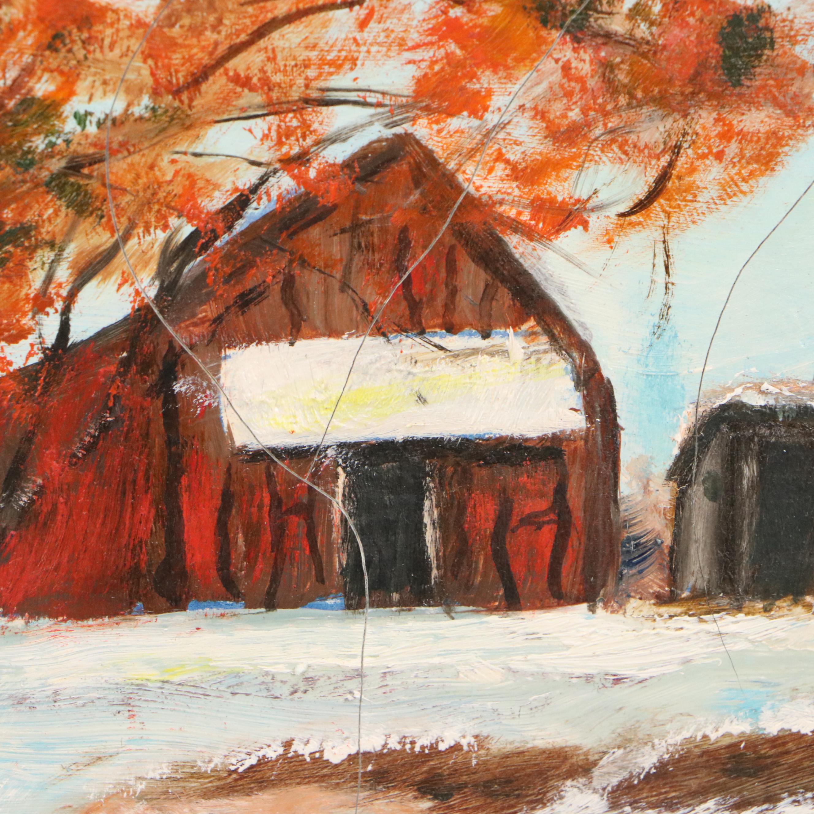 Winter Farm Landscape Oil Painting, Mid-20th Century