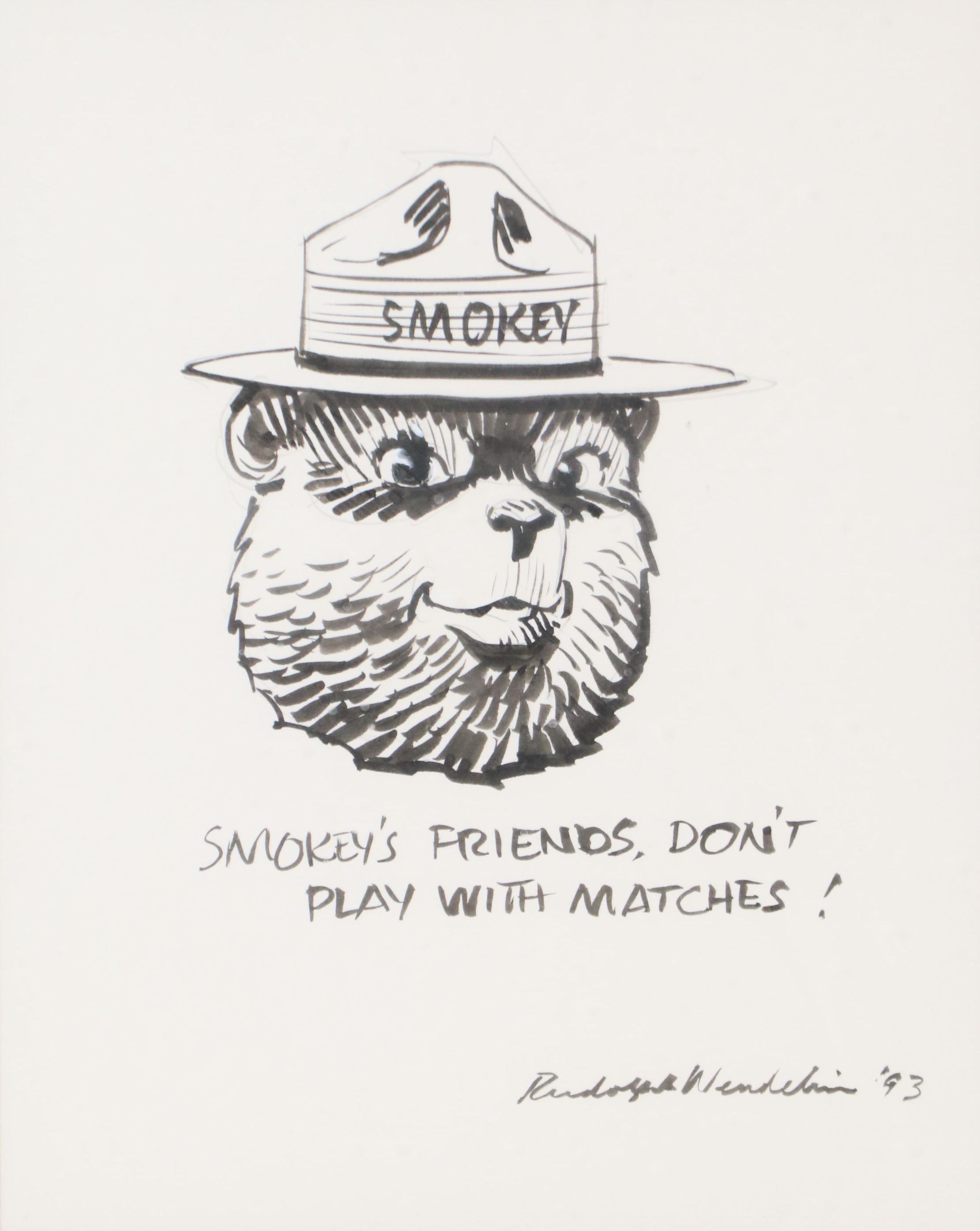 Rudolph Wendelin Smokey Bear Ink Drawing and Other Smokey Bear Memorabilia, 1993