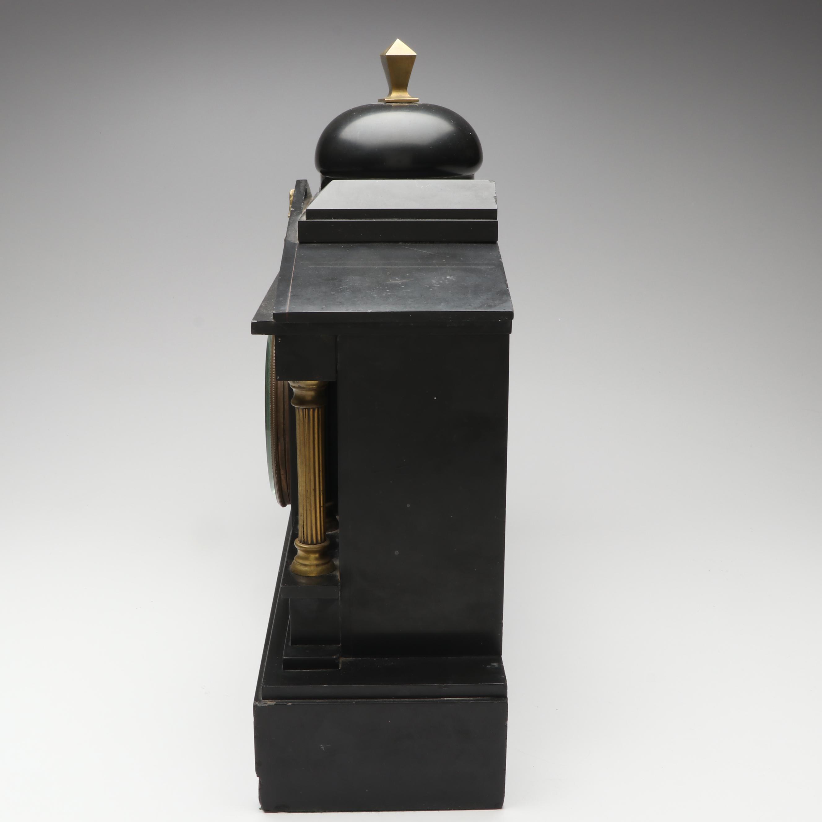 Ansonia Neoclassical Style Black Stone and Patinated Metal Mantel Clock