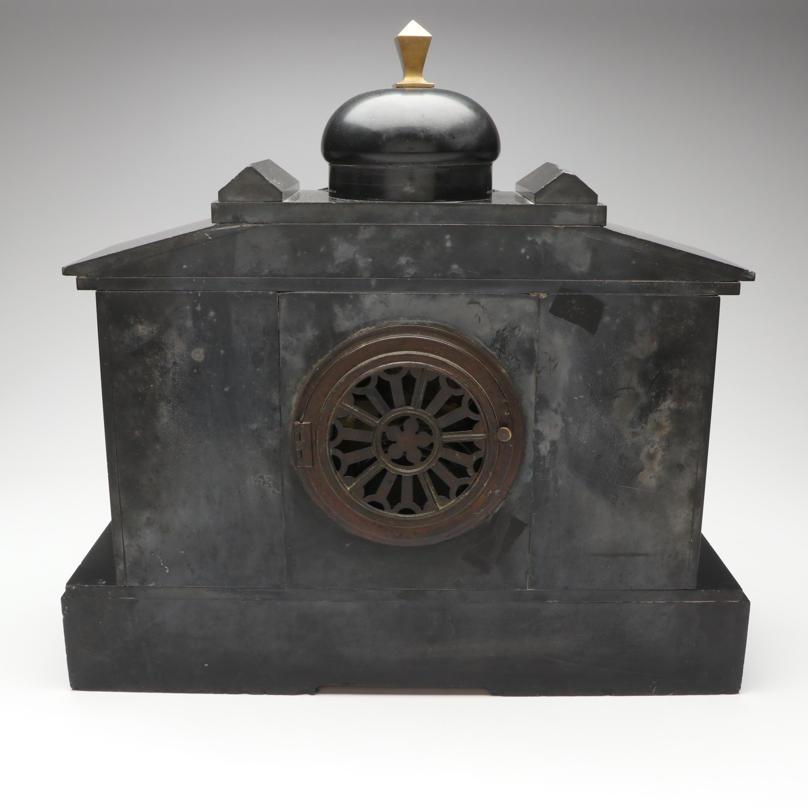 Ansonia Neoclassical Style Black Stone and Patinated Metal Mantel Clock