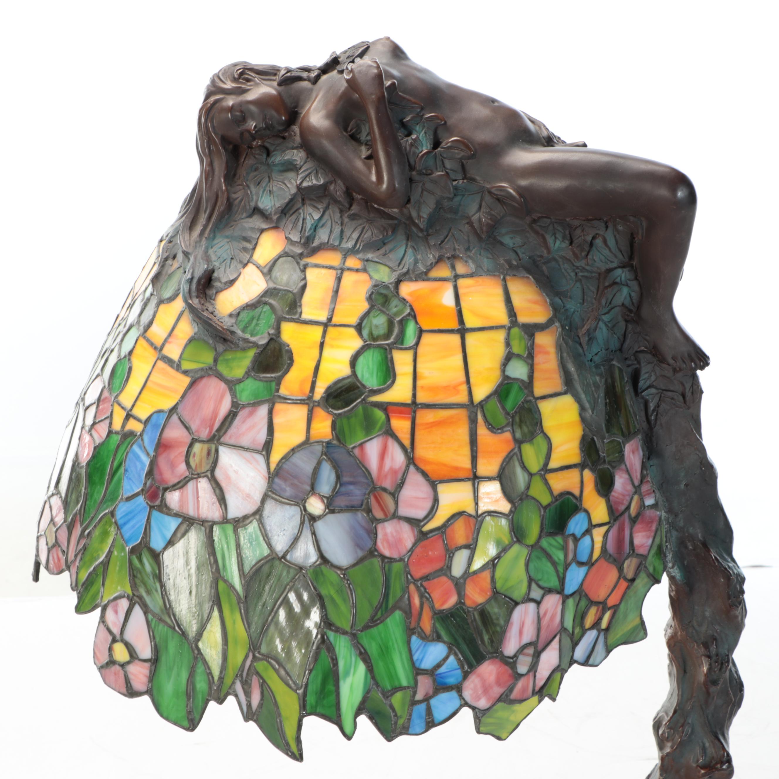 E. Thomasson Art Nouveau "Daphne" Bronze Table Lamp with Slag Glass Shade