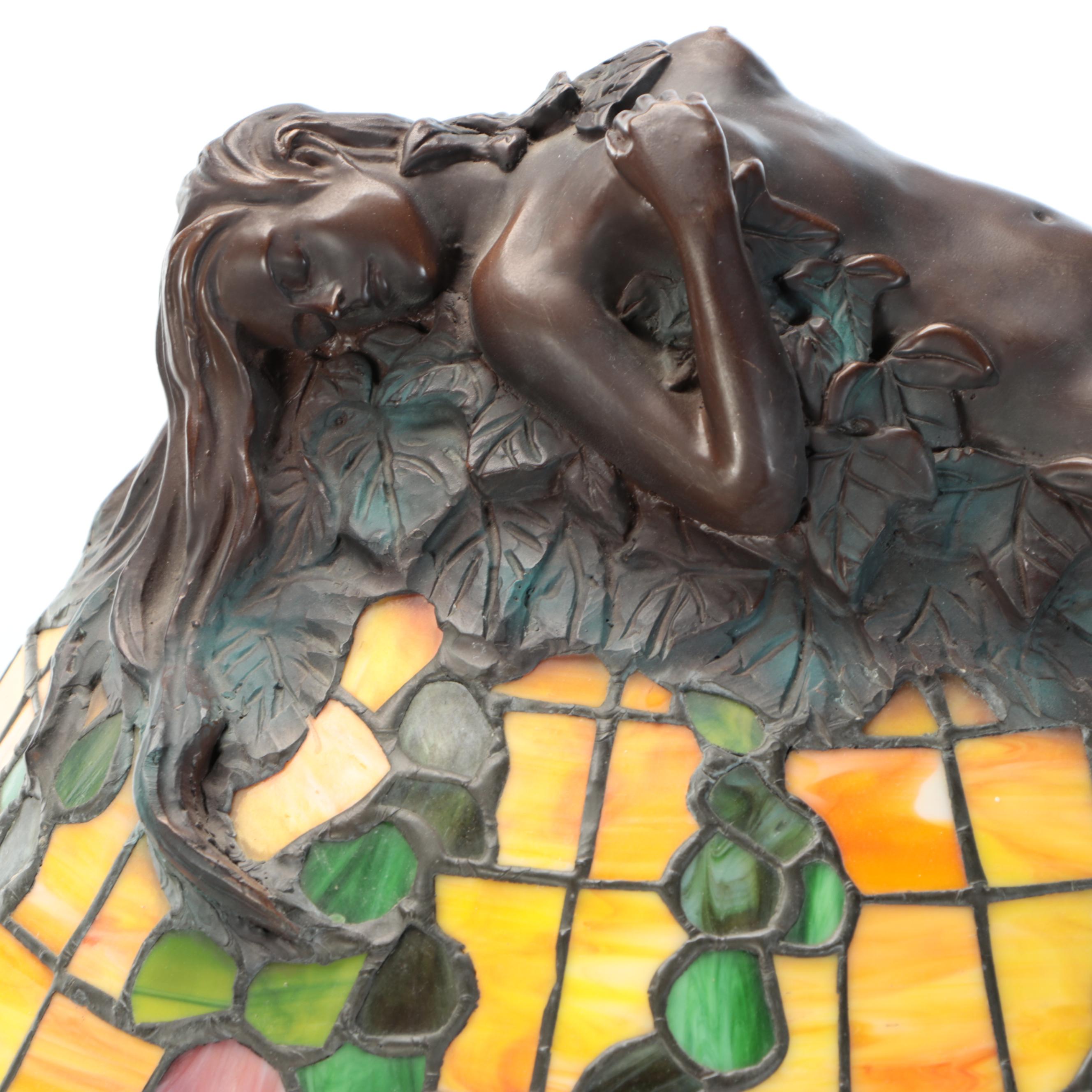 E. Thomasson Art Nouveau "Daphne" Bronze Table Lamp with Slag Glass Shade