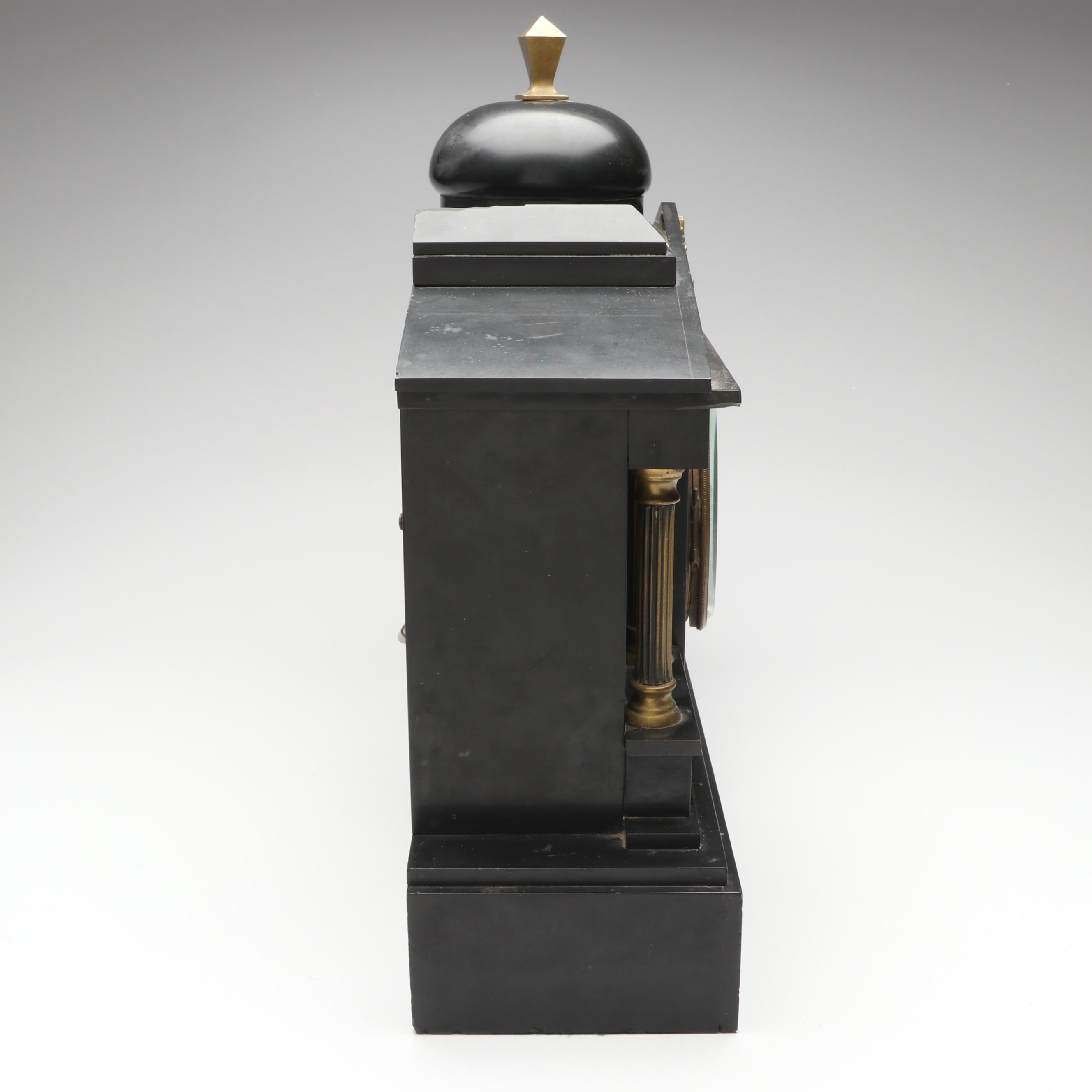 Ansonia Neoclassical Style Black Stone and Patinated Metal Mantel Clock